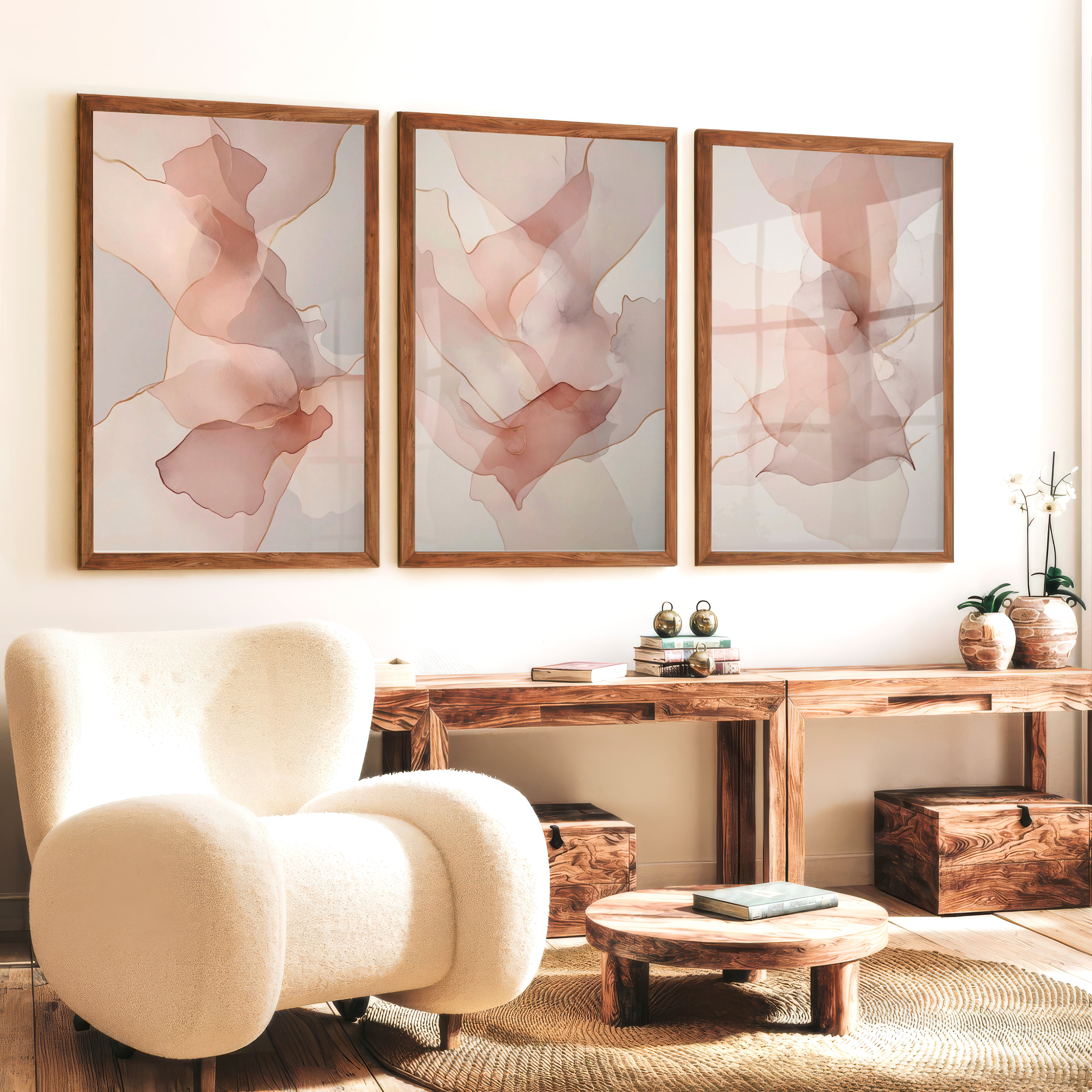 Modern Artwork Abstract Soft Blush Fluid Set of 3 - Dark Brown Framed Poster No Border - Artworksets