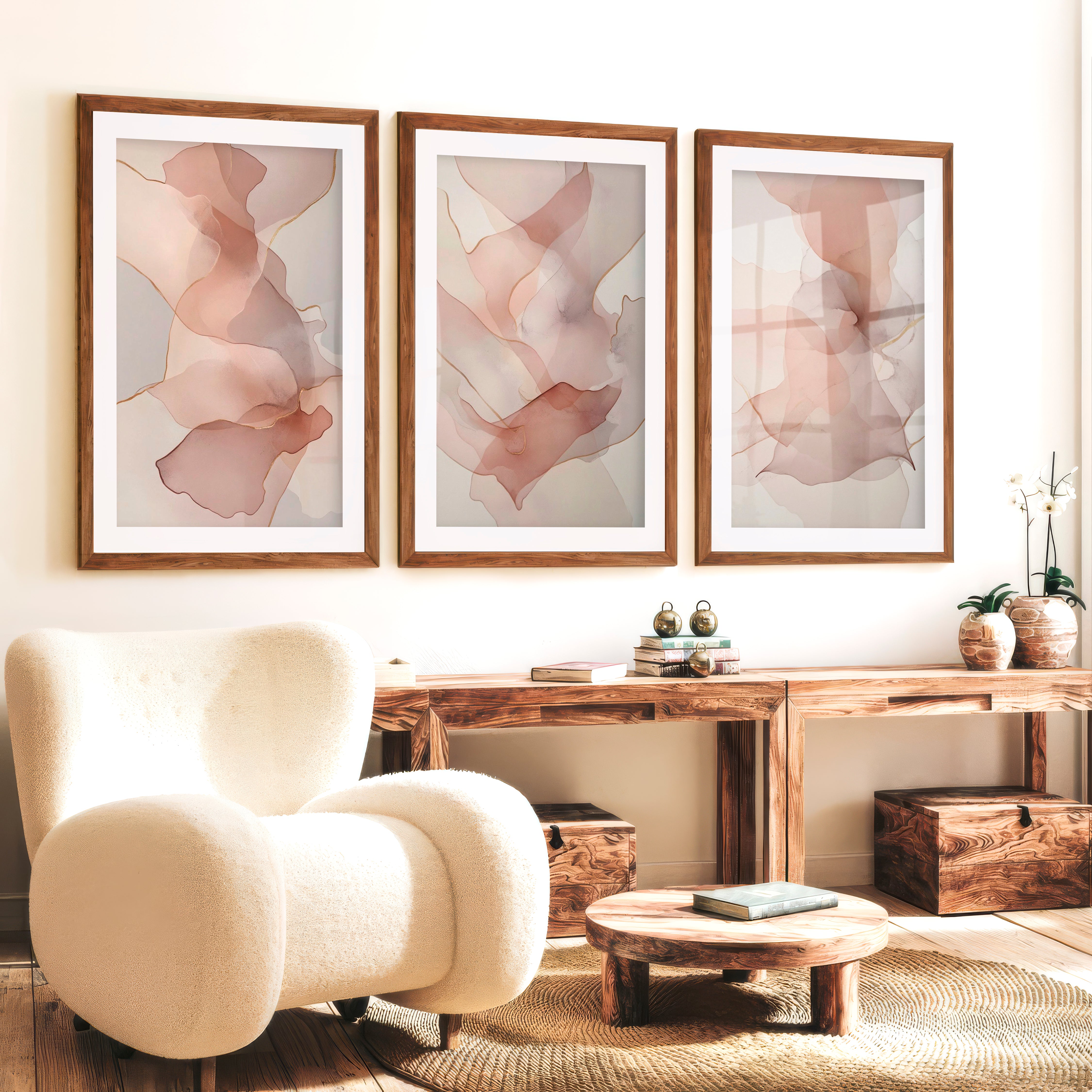 Modern Artwork Abstract Soft Blush Fluid Set of 3 - Dark Brown Framed Poster with White Border - Artworksets