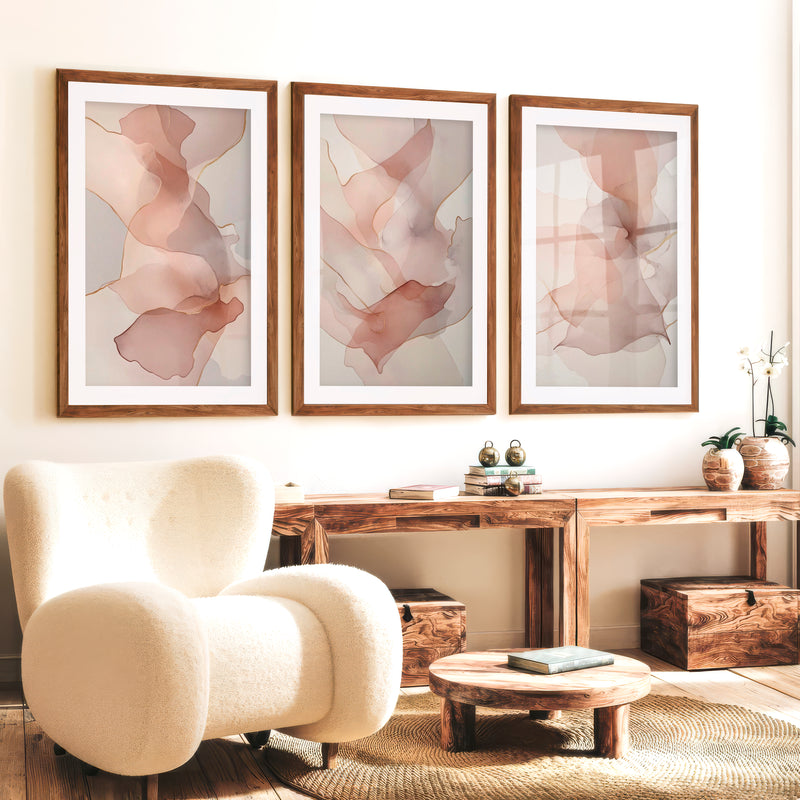 Modern Artwork Abstract Soft Blush Fluid Set of 3 - Dark Brown Framed Poster with White Border - Artworksets