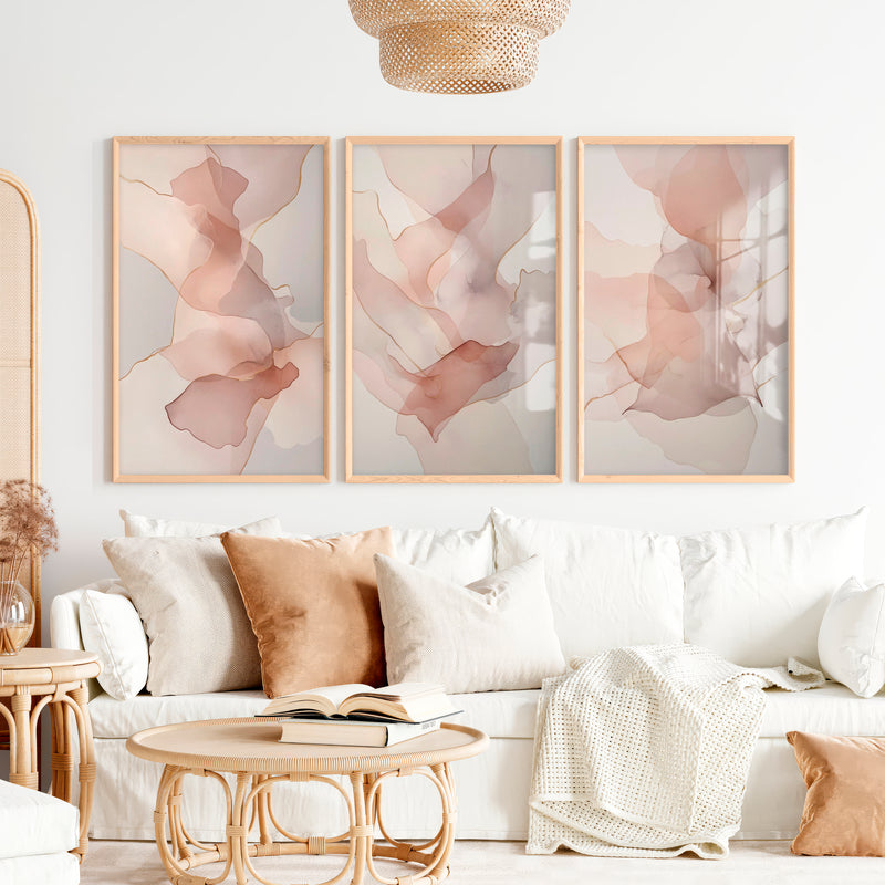 Modern Artwork Abstract Soft Blush Fluid Set of 3 - Natural Wood Framed Poster No Border - Artworksets