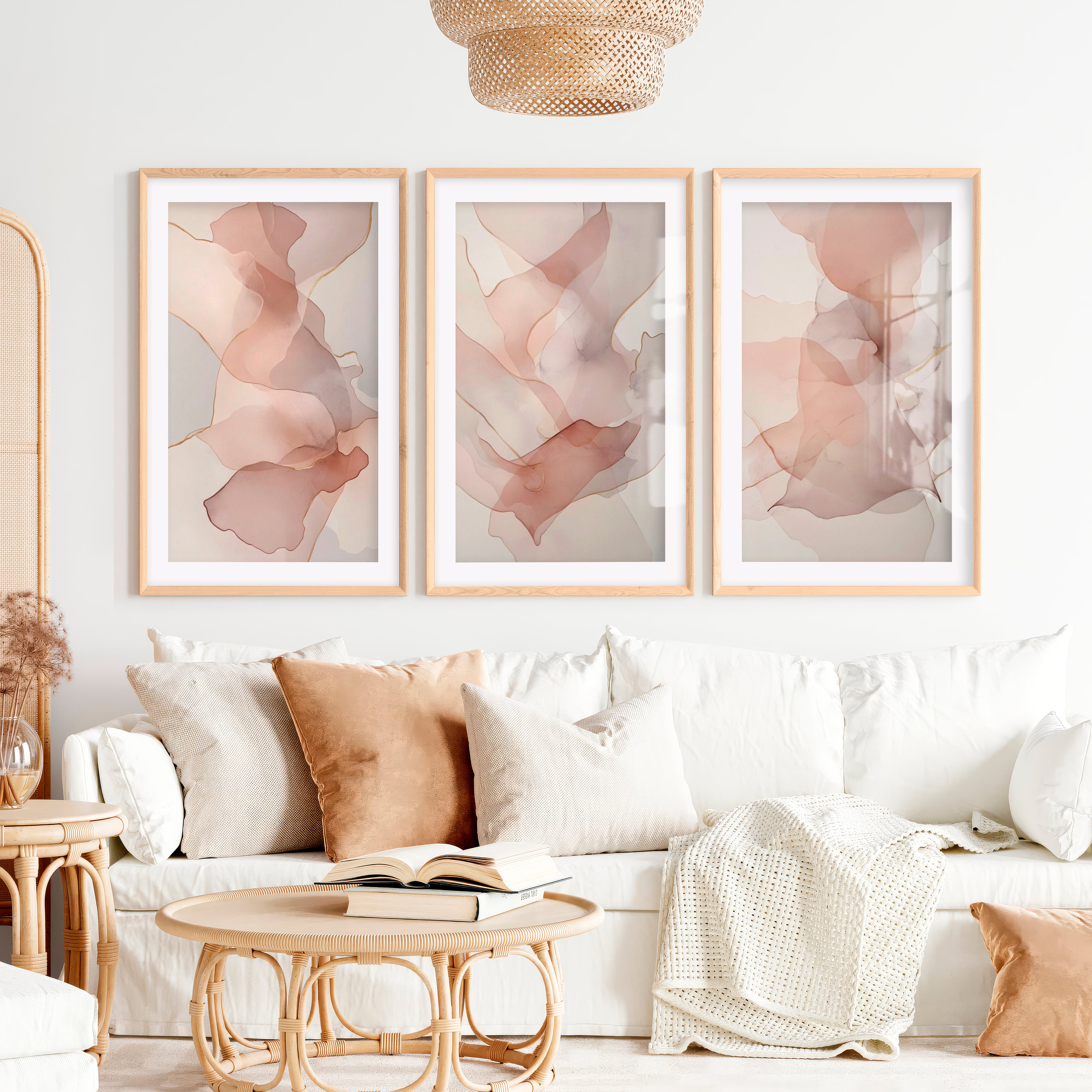 Modern Artwork Abstract Soft Blush Fluid Set of 3- Natural Wood Framed Poster with White Border - Artworksets