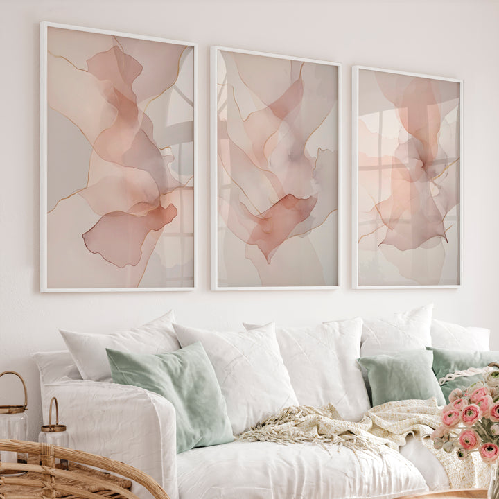 Modern Artwork Abstract Soft Blush Fluid Set of 3 - White Framed Poster No Border - Artworksets