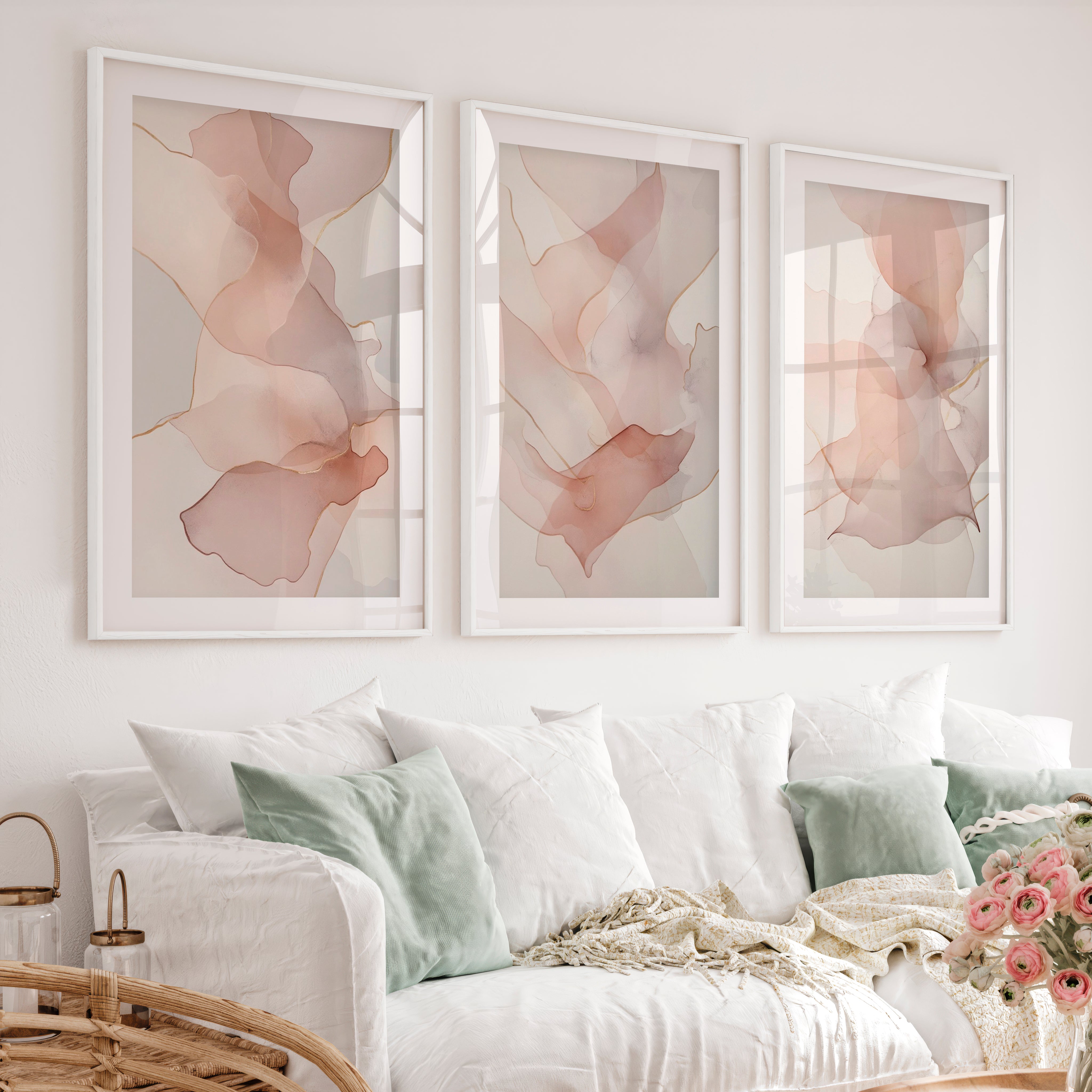 Modern Artwork Abstract Soft Blush Fluid Set of 3 - White Framed Poster with White Border - Artworksets
