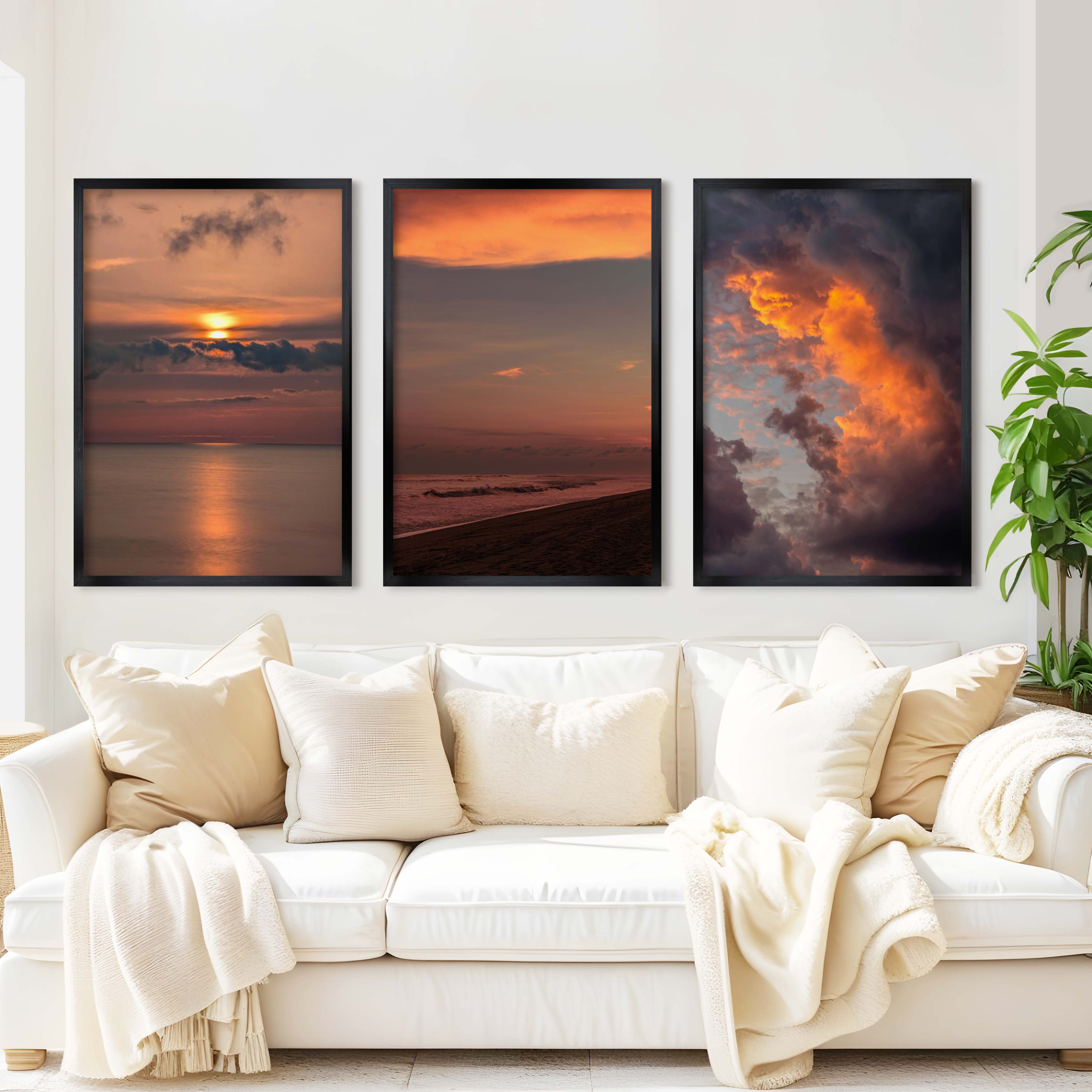 Modern Beach Prints – Ocean, Clouds & Sandy Shore - Black Framed Poster No Border - Artworksets