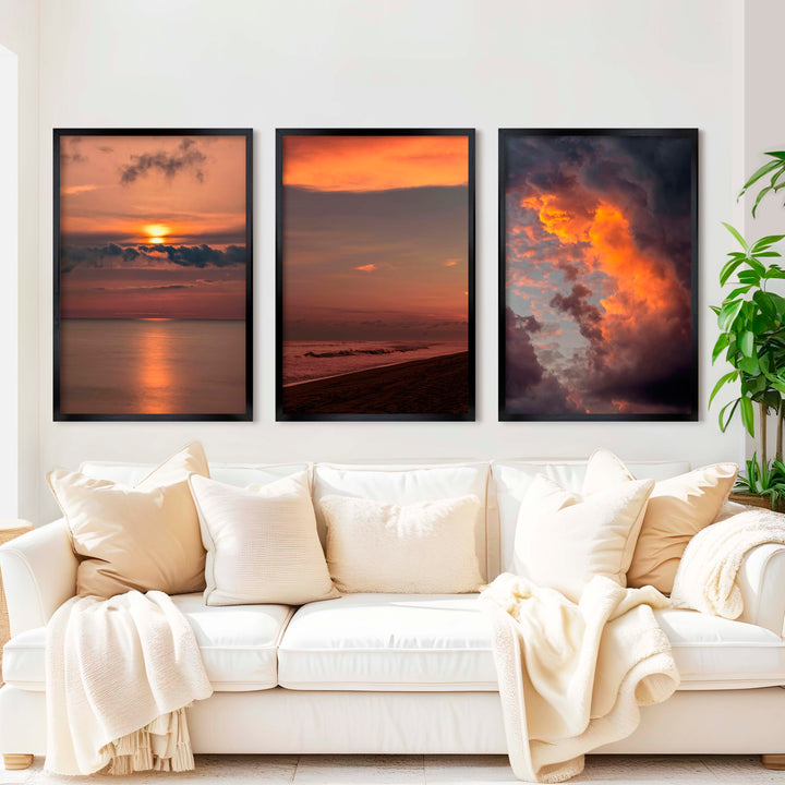 Modern Beach Prints – Ocean, Clouds & Sandy Shore - Black Framed Poster No Border - Artworksets