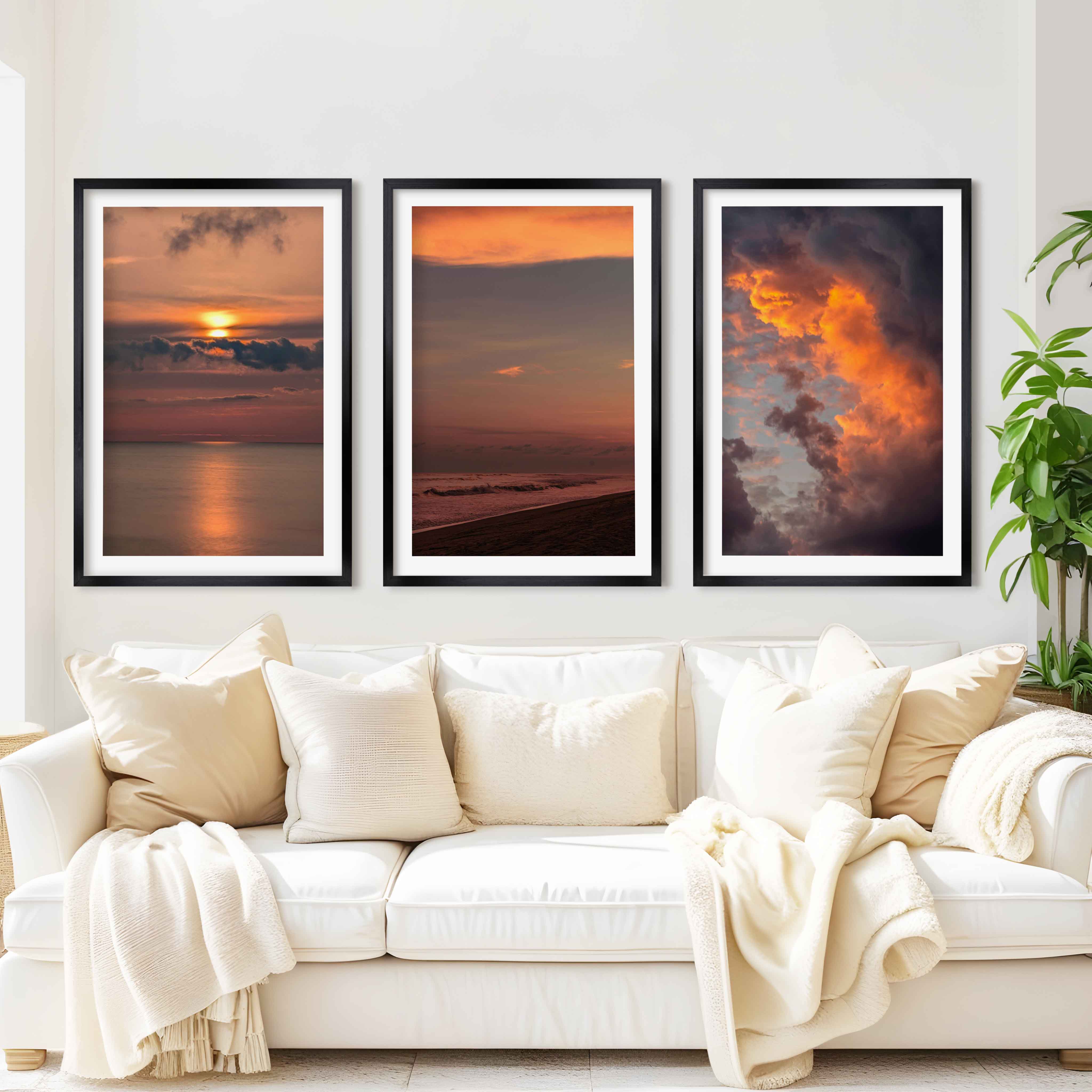 Modern Beach Prints – Ocean, Clouds & Sandy Shore - Black Framed Poster with White Border - Artworksets
