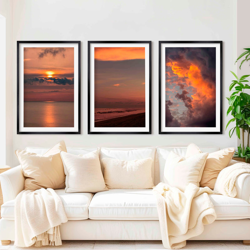Modern Beach Prints – Ocean, Clouds & Sandy Shore - Black Framed Poster with White Border - Artworksets