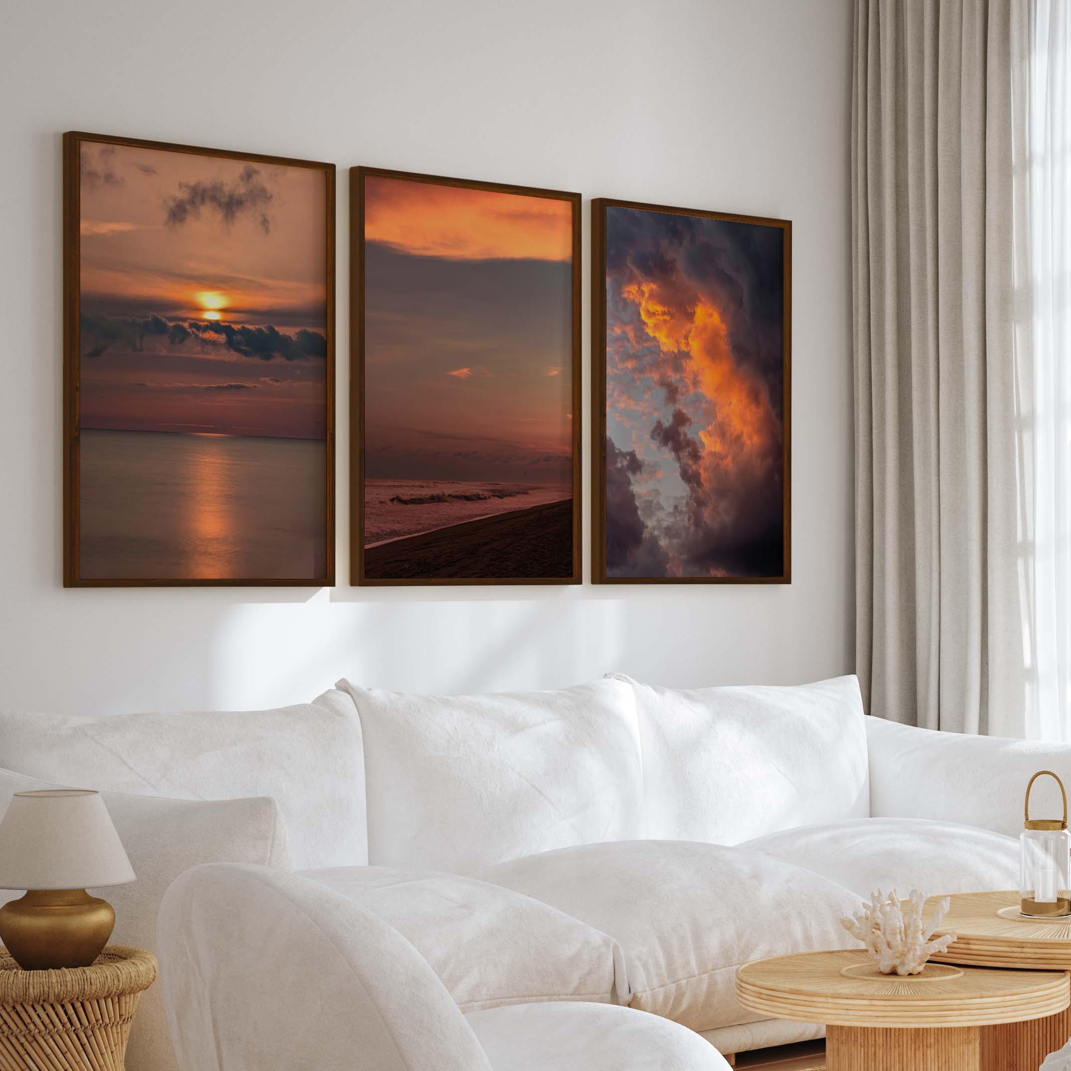 Modern Beach Prints – Ocean, Clouds & Sandy Shore - Dark Brown Framed Poster No Border - Artworksets