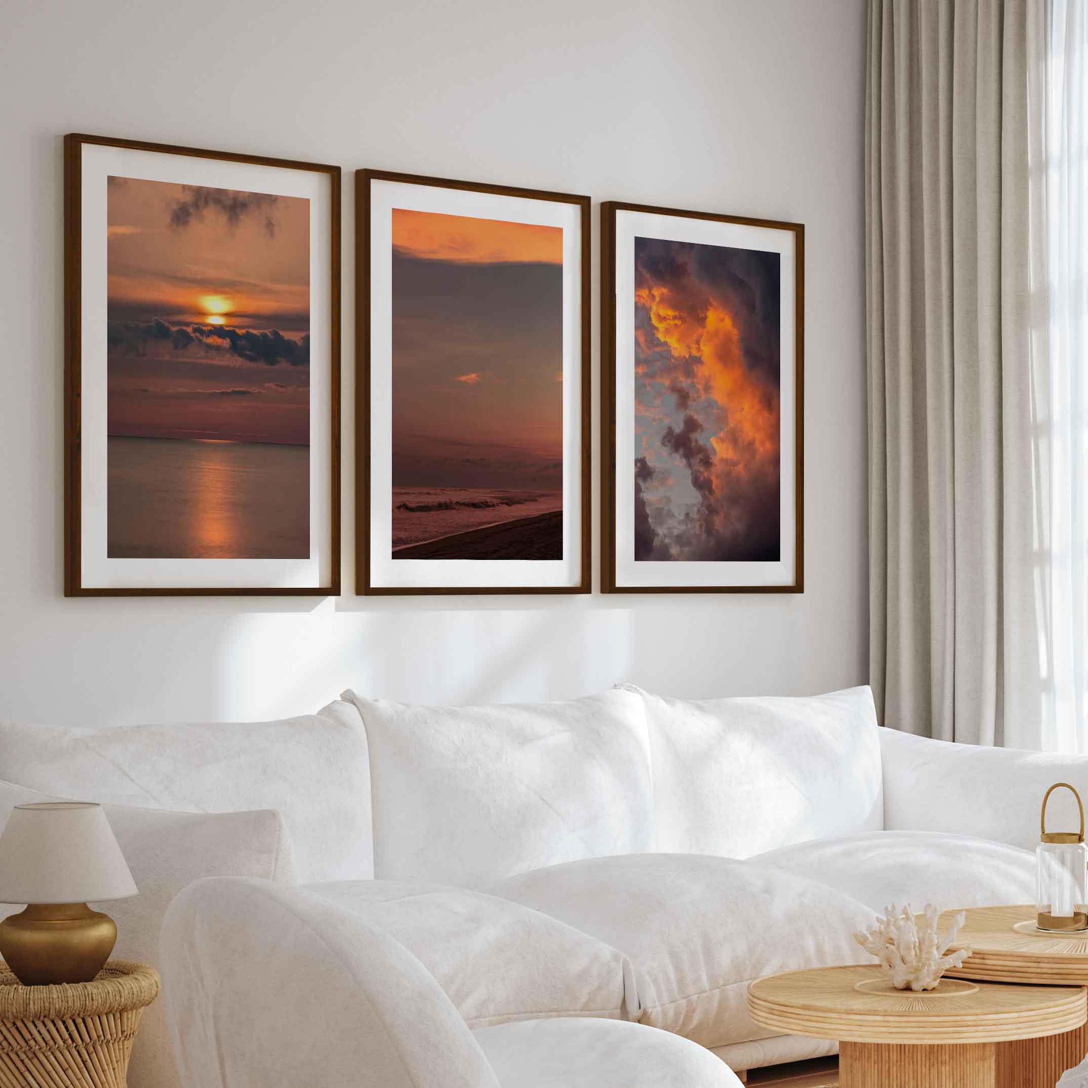 Modern Beach Prints – Ocean, Clouds & Sandy Shore - Dark Brown Framed Poster with White Border - Artworksets