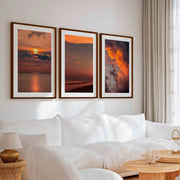 Modern Beach Prints – Ocean, Clouds & Sandy Shore - Dark Brown Framed Poster with White Border - Artworksets