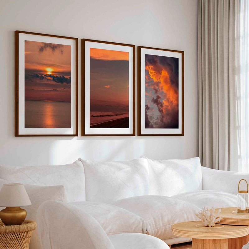 Modern Beach Prints – Ocean, Clouds & Sandy Shore - Dark Brown Framed Poster with White Border - Artworksets