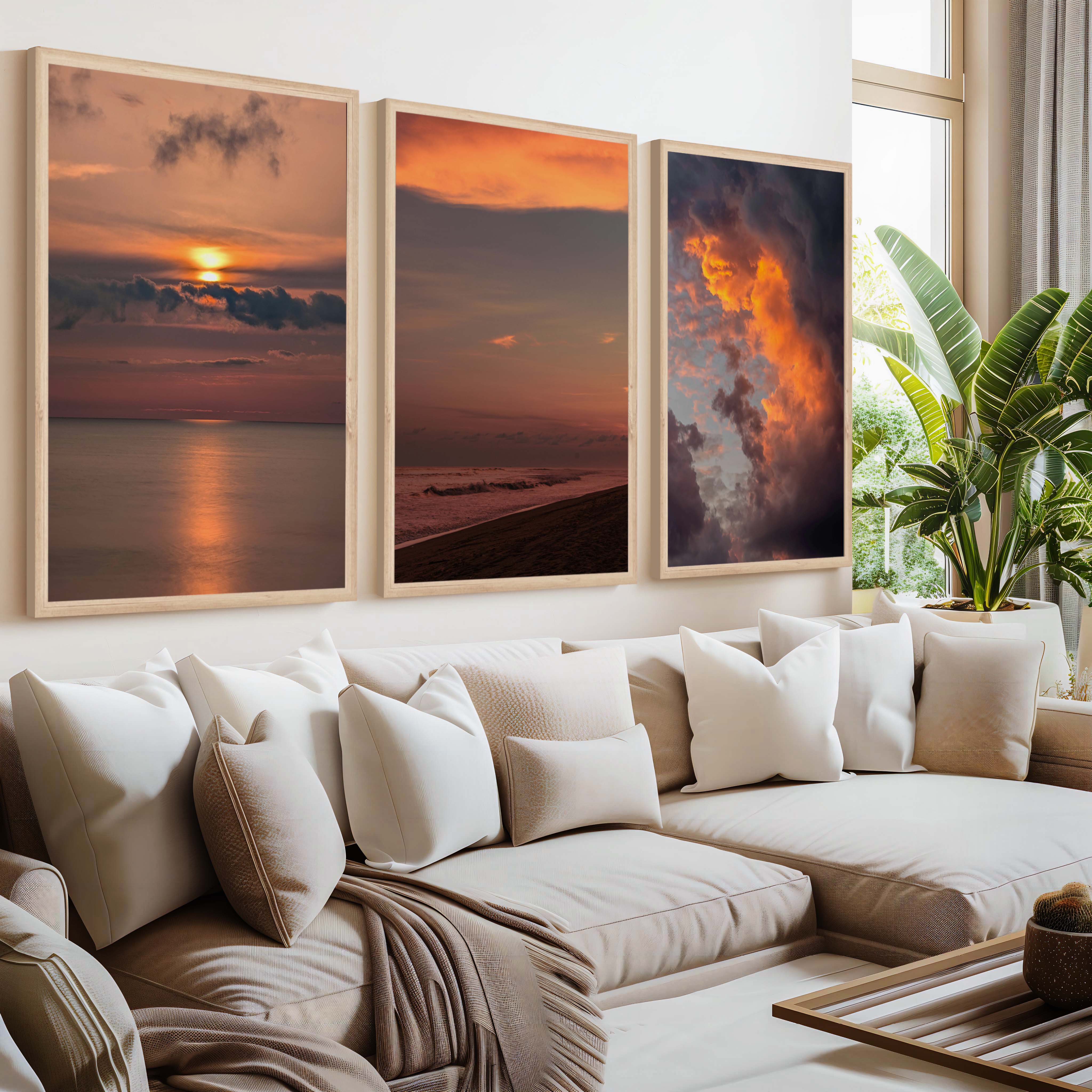 Modern Beach Prints – Ocean, Clouds & Sandy Shore - Natural Wood Framed Poster No Border - Artworksets