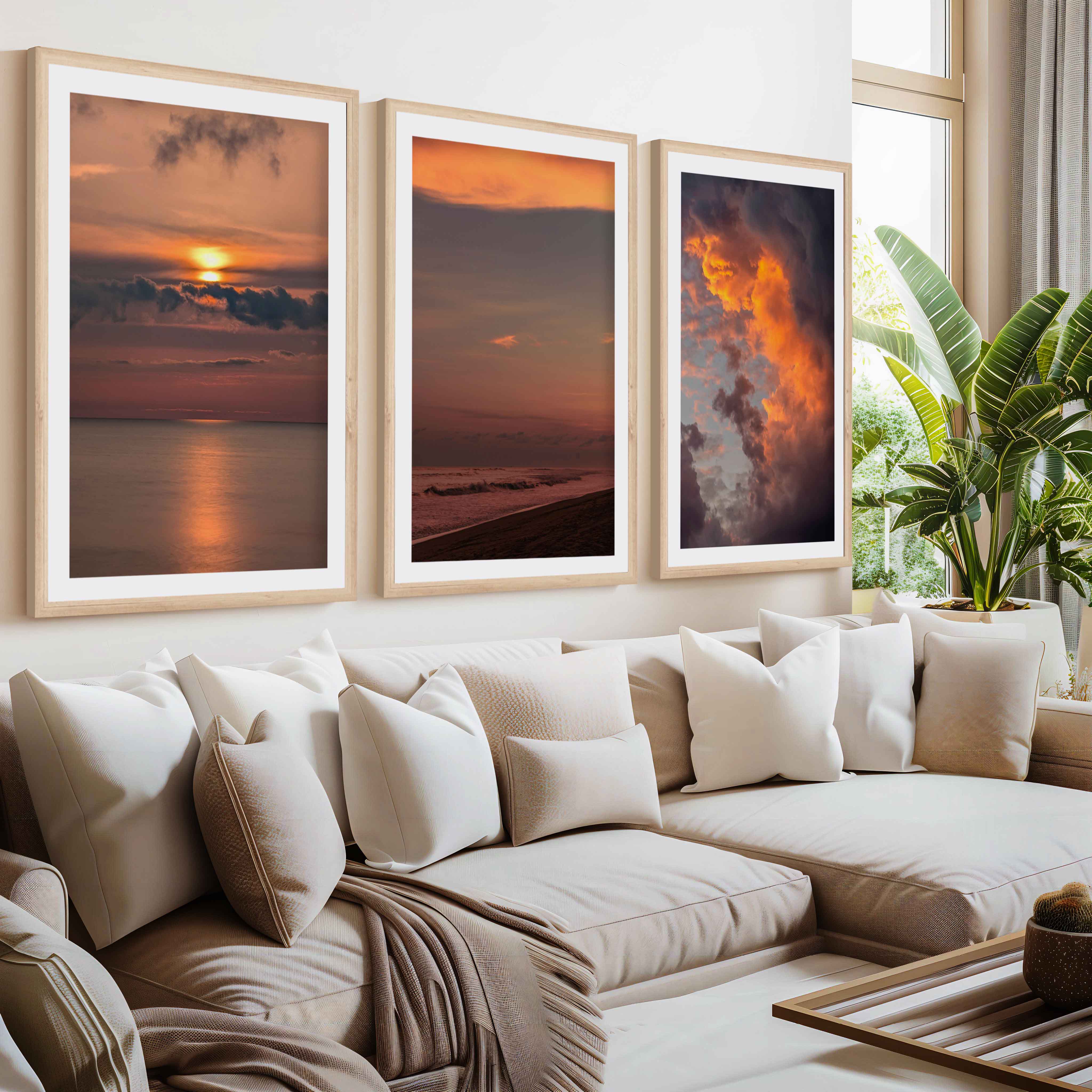 Modern Beach Prints – Ocean, Clouds & Sandy Shore- Natural Wood Framed Poster with White Border - Artworksets