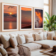 Modern Beach Prints – Ocean, Clouds & Sandy Shore- Natural Wood Framed Poster with White Border - Artworksets