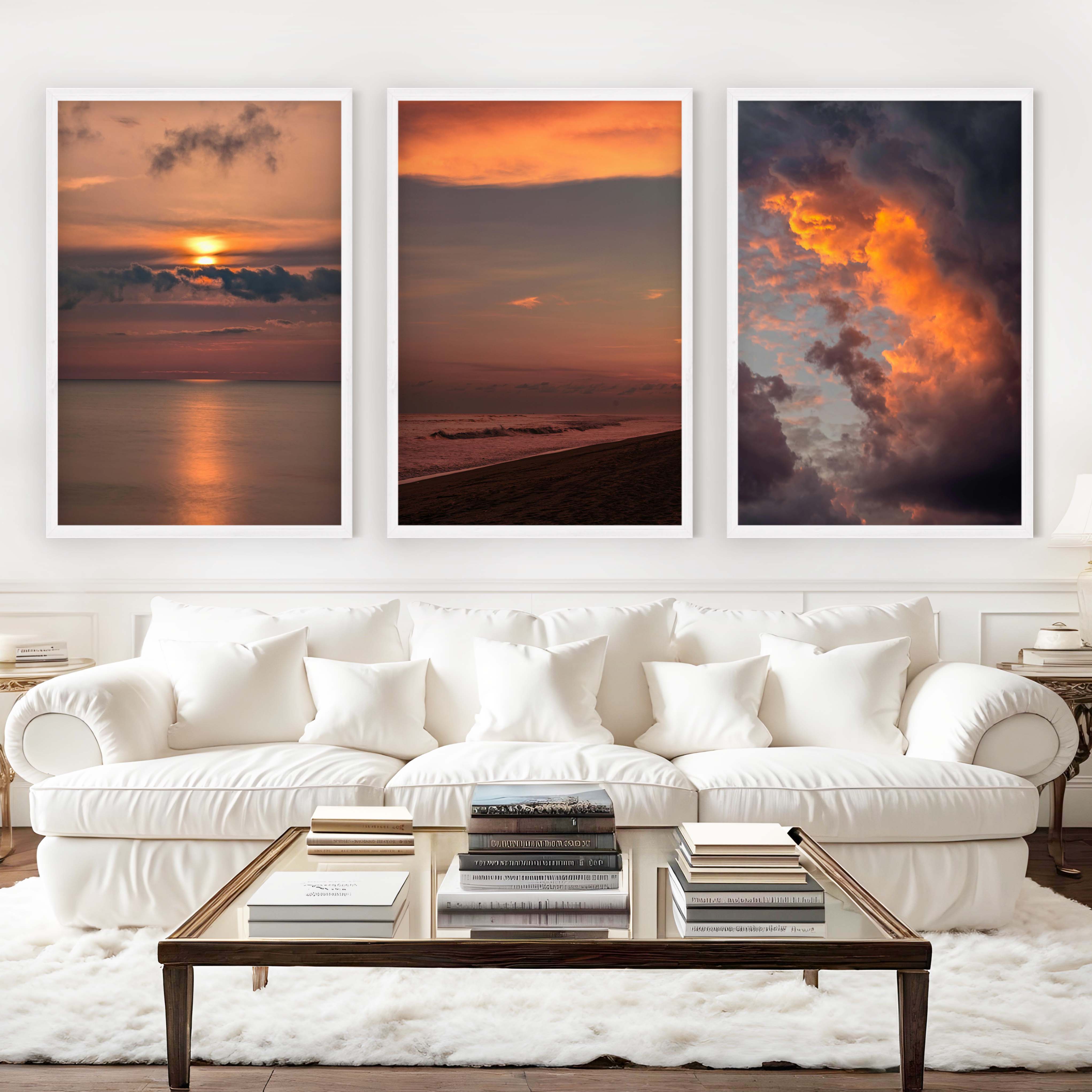 Modern Beach Prints – Ocean, Clouds & Sandy Shore - White Framed Poster No Border - Artworksets