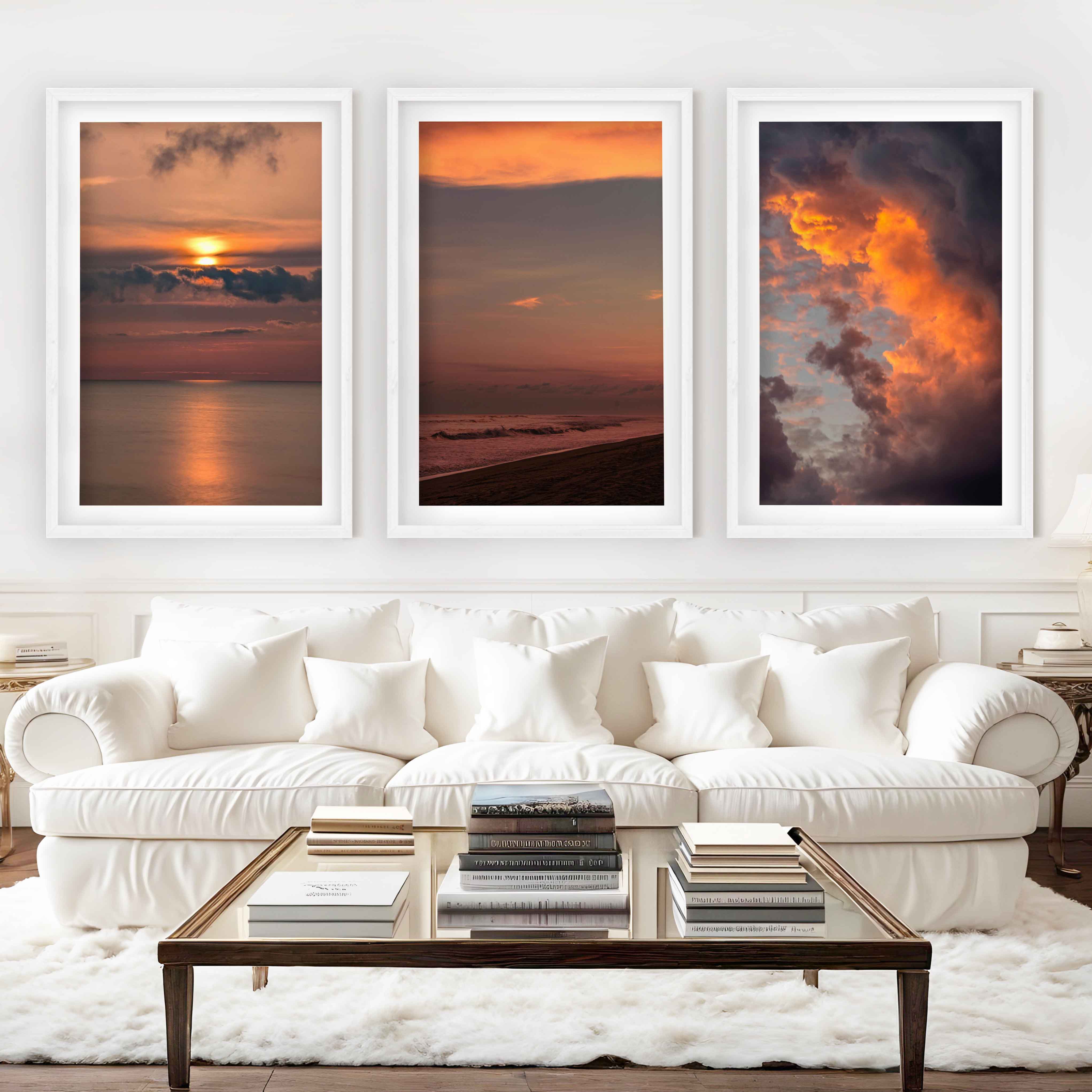Modern Beach Prints – Ocean, Clouds & Sandy Shore - White Framed Poster with White Border - Artworksets