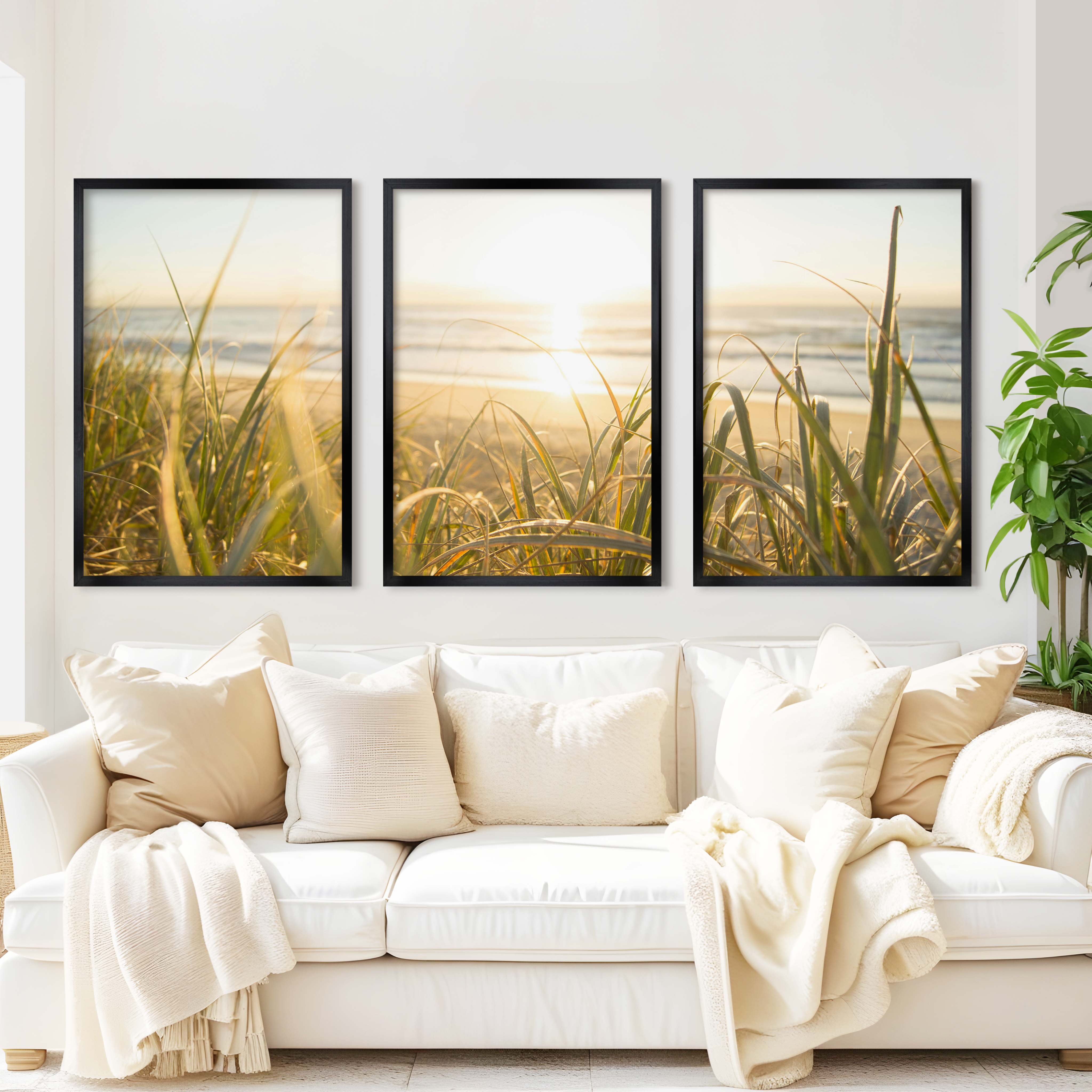 Modern Beach Wall Art – Sunlit Dune Grass Triptych (3 Prints) - Black Framed Poster No Border - Artworksets
