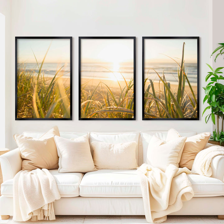 Modern Beach Wall Art – Sunlit Dune Grass Triptych (3 Prints) - Black Framed Poster No Border - Artworksets
