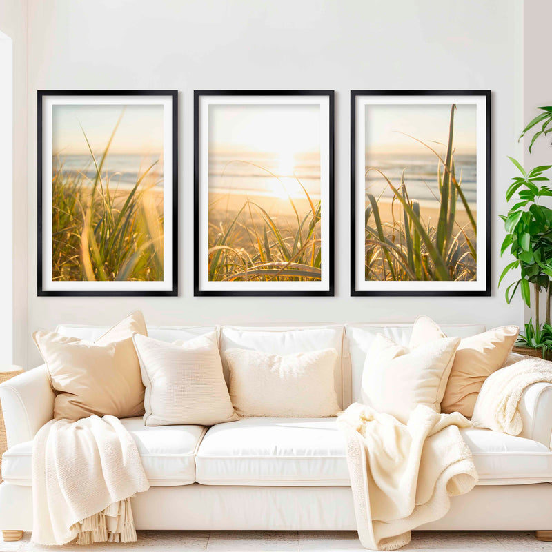 Modern Beach Wall Art – Sunlit Dune Grass Triptych (3 Prints) - Black Framed Poster with White Border - Artworksets