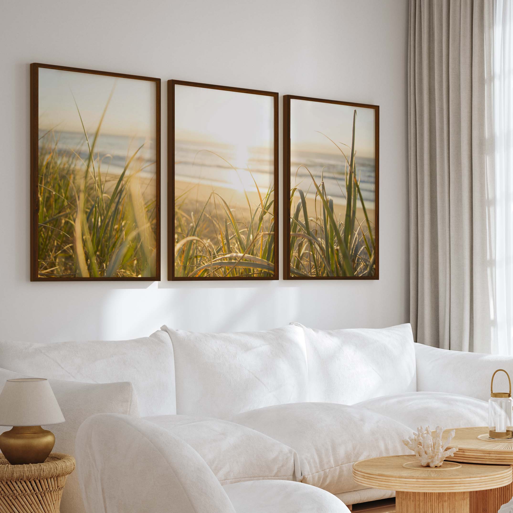 Modern Beach Wall Art – Sunlit Dune Grass Triptych (3 Prints) - Dark Brown Framed Poster No Border - Artworksets