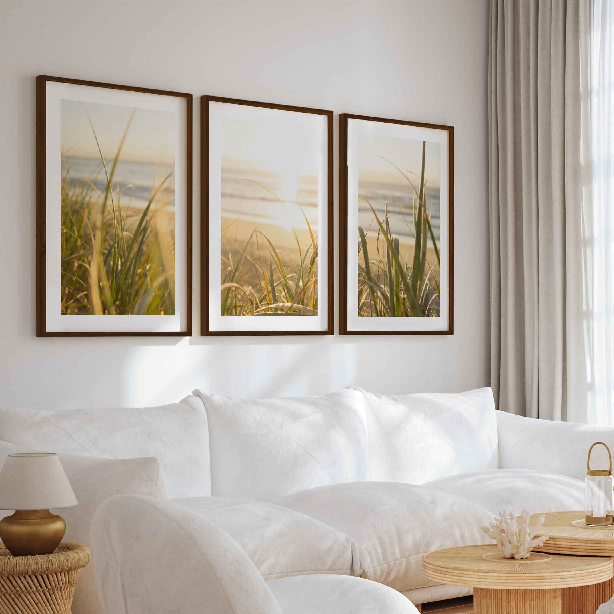 Modern Beach Wall Art – Sunlit Dune Grass Triptych (3 Prints) - Dark Brown Framed Poster with White Border - Artworksets
