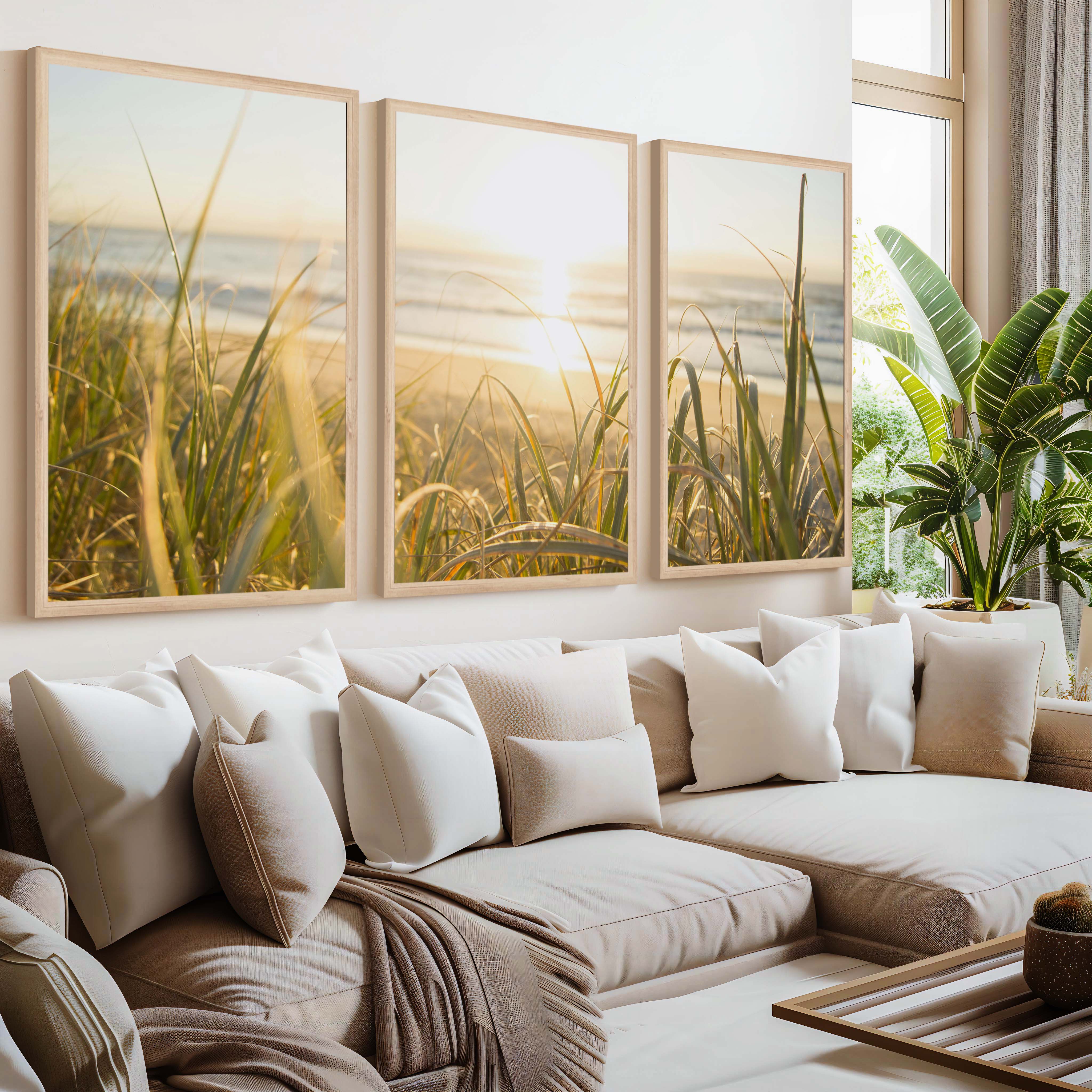 Modern Beach Wall Art – Sunlit Dune Grass Triptych (3 Prints) - Natural Wood Framed Poster No Border - Artworksets