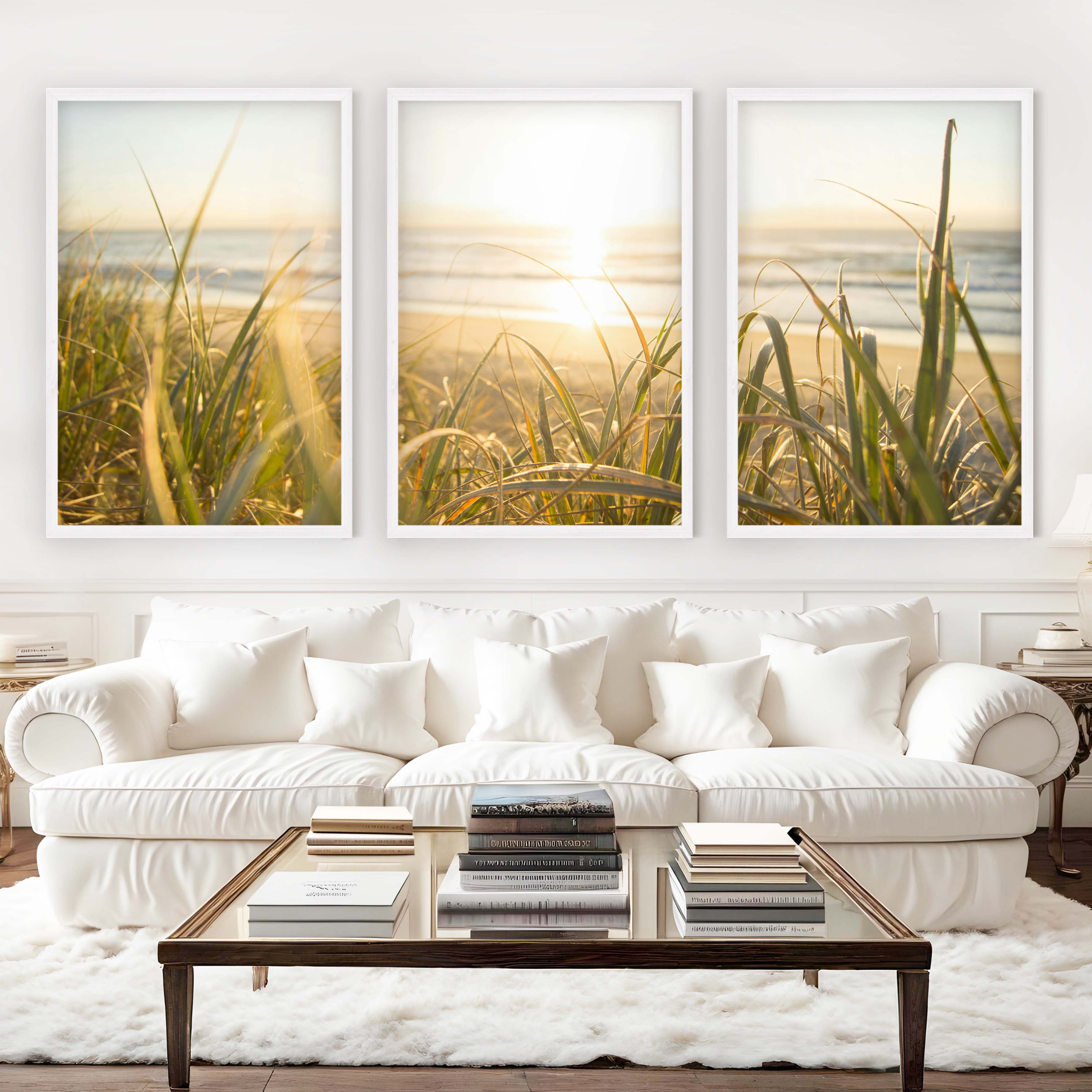 Modern Beach Wall Art – Sunlit Dune Grass Triptych (3 Prints) - White Framed Poster No Border - Artworksets