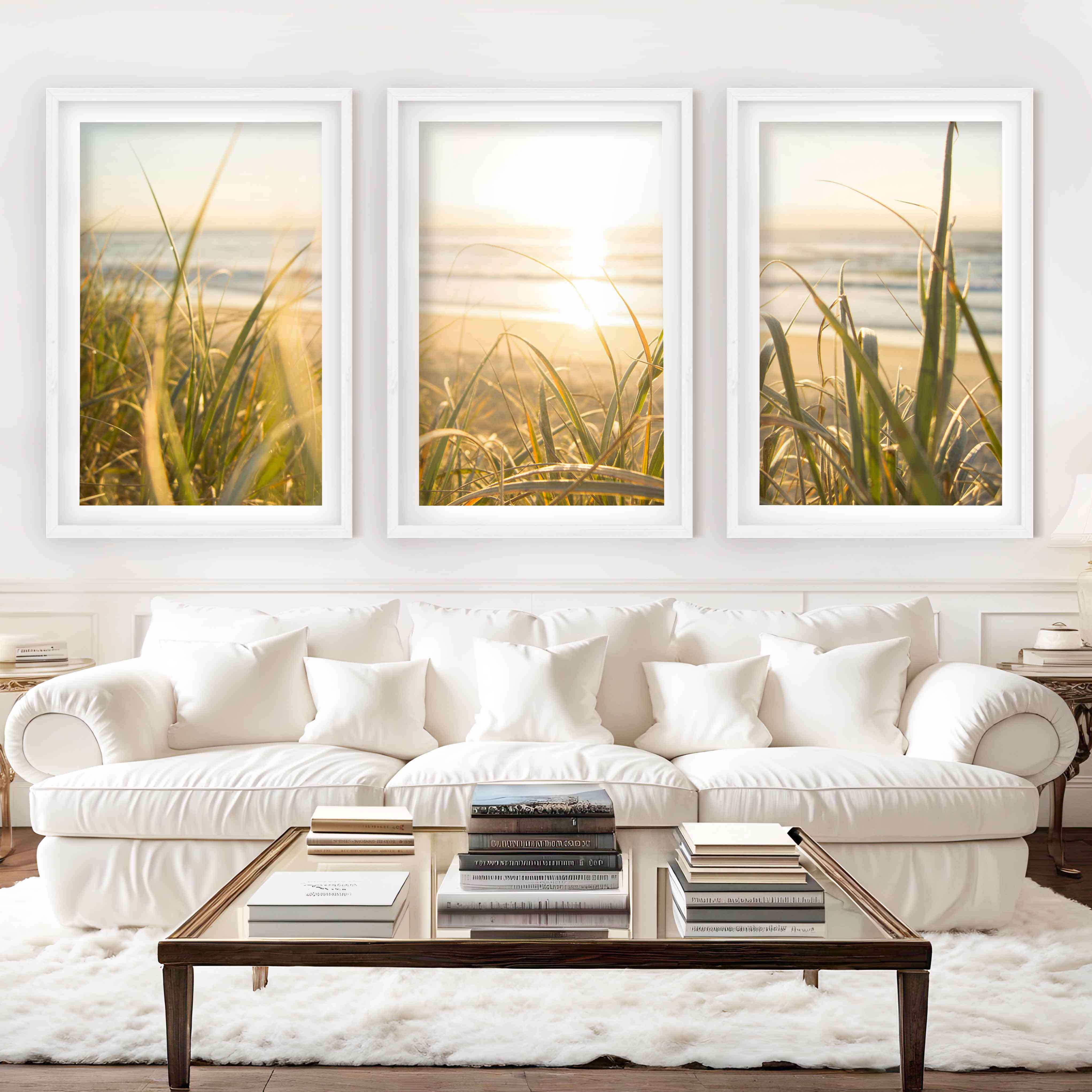 Modern Beach Wall Art – Sunlit Dune Grass Triptych (3 Prints) - White Framed Poster with White Border - Artworksets