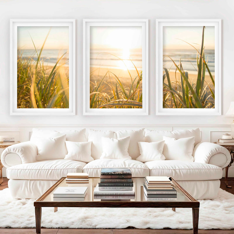 Modern Beach Wall Art – Sunlit Dune Grass Triptych (3 Prints) - White Framed Poster with White Border - Artworksets