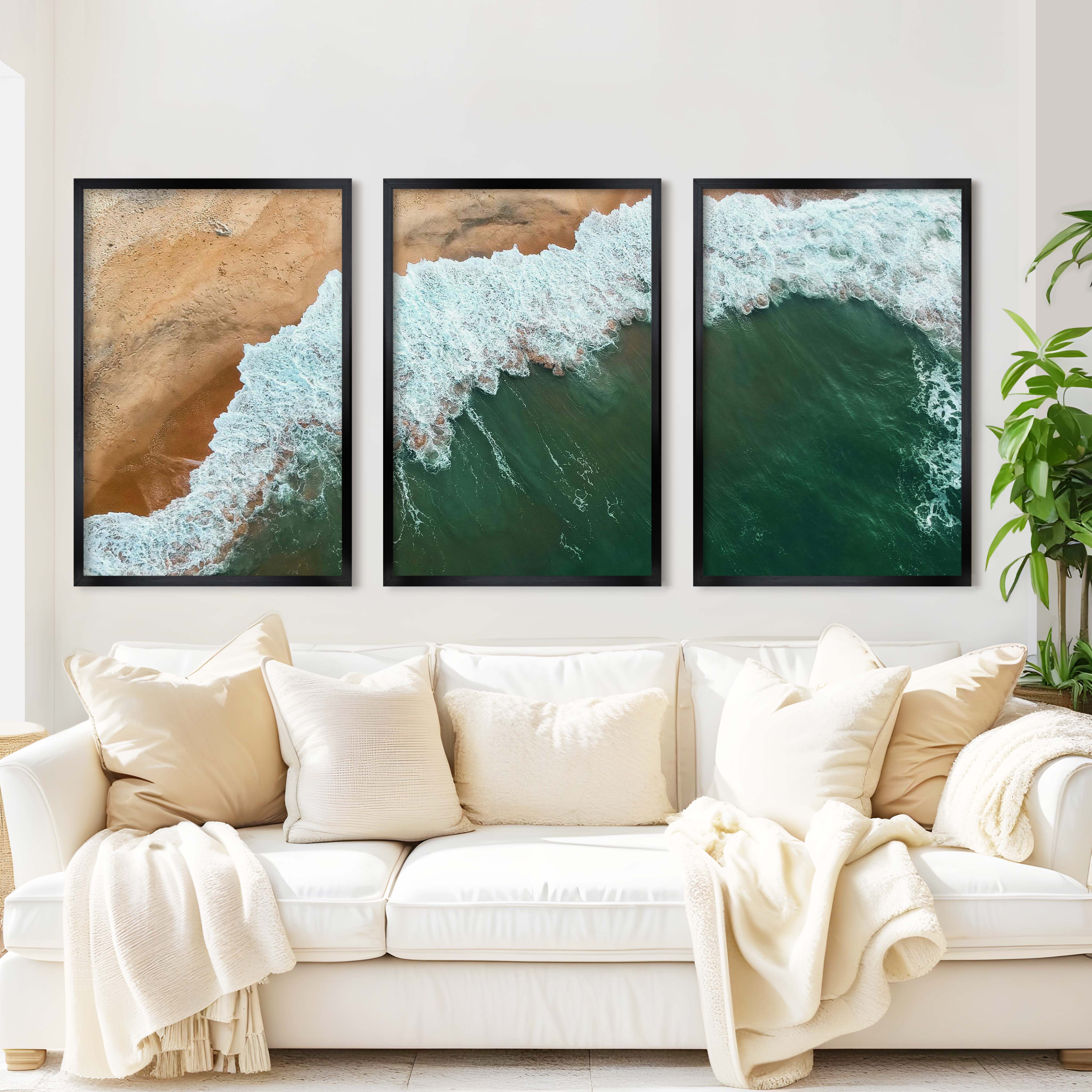 Modern Coastal Art – Aerial Ocean and Beach Triptych - Black Framed Poster No Border - Artworksets