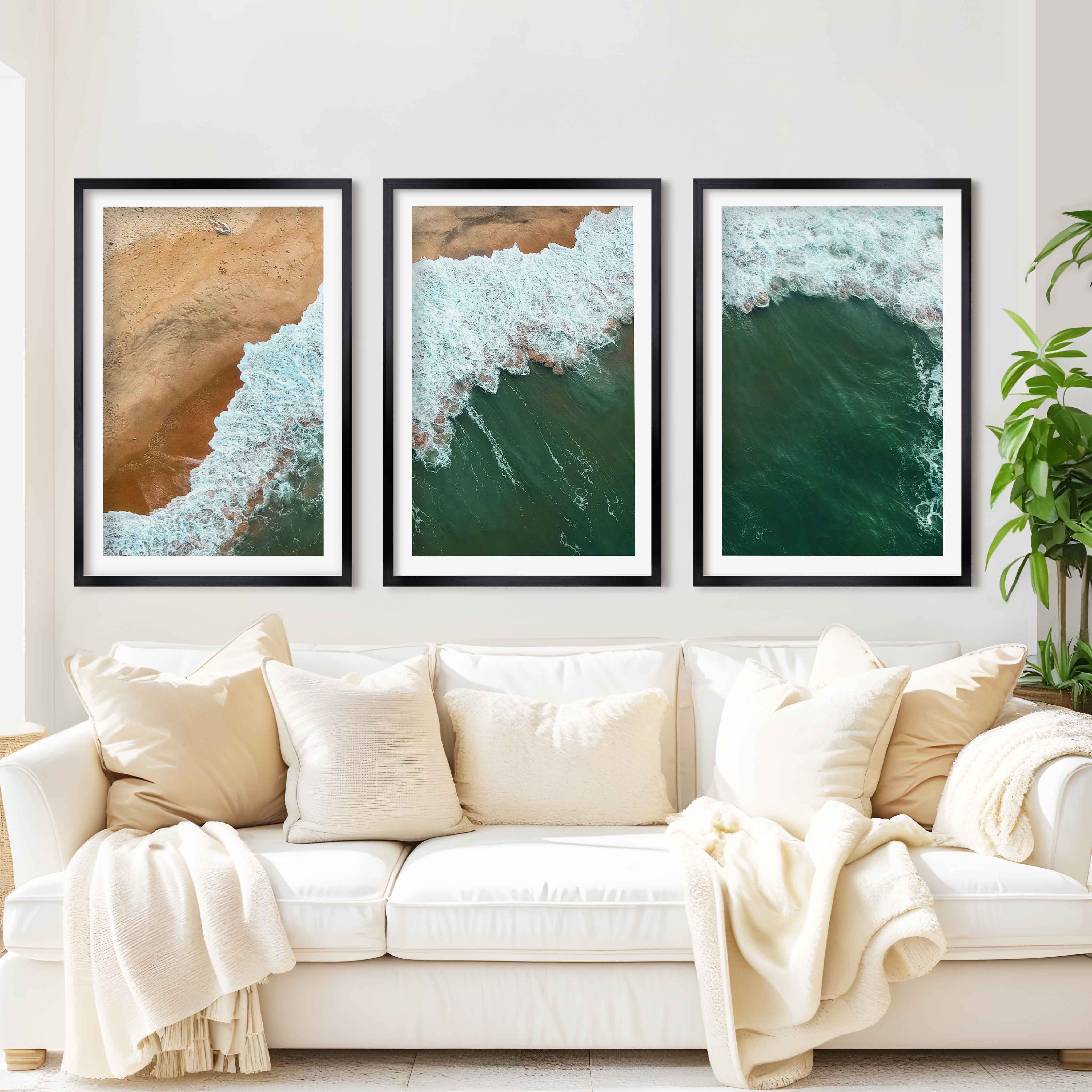 Modern Coastal Art – Aerial Ocean and Beach Triptych - Black Framed Poster with White Border - Artworksets