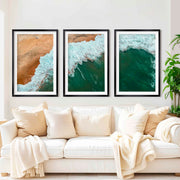 Modern Coastal Art – Aerial Ocean and Beach Triptych - Black Framed Poster with White Border - Artworksets