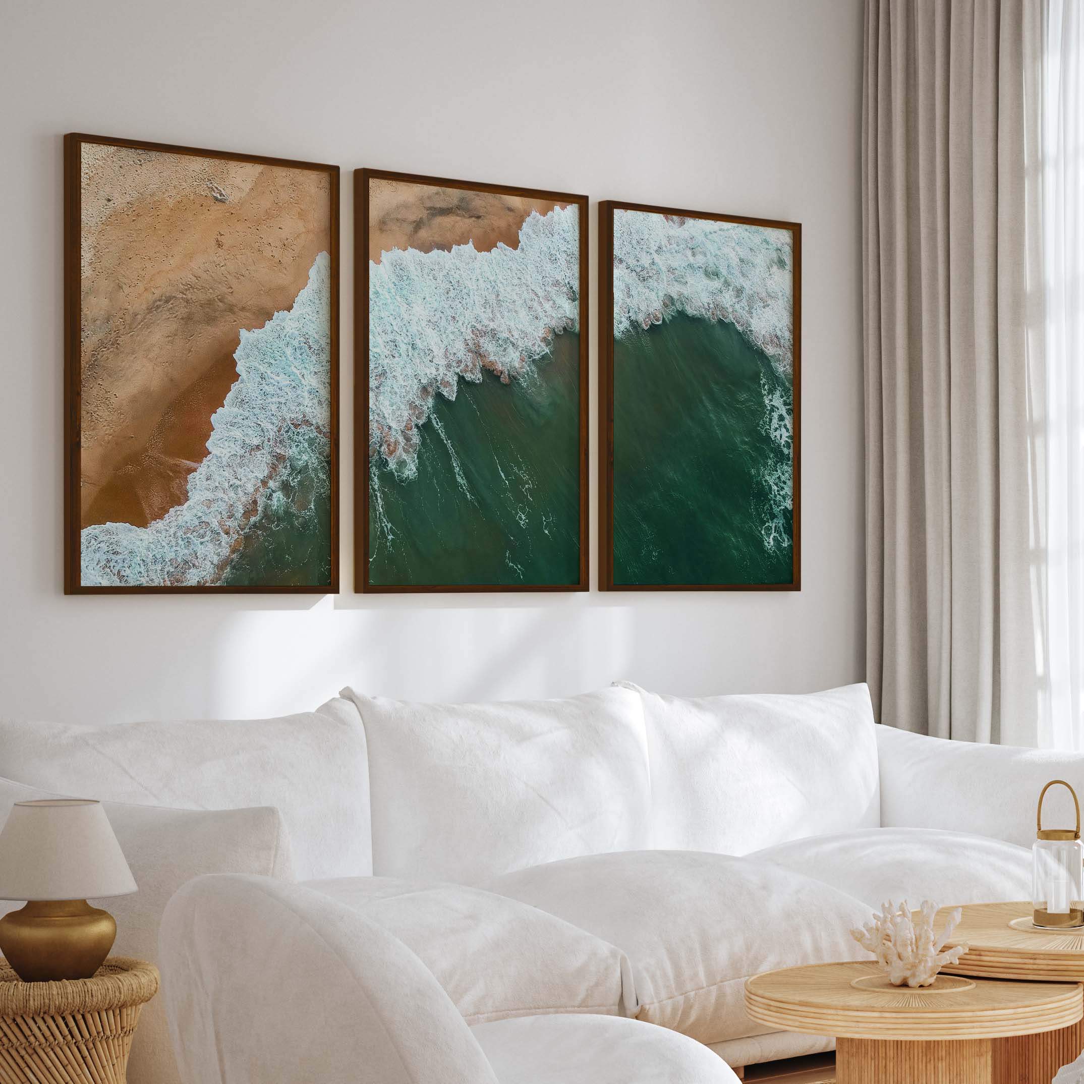 Modern Coastal Art – Aerial Ocean and Beach Triptych - Dark Brown Framed Poster No Border - Artworksets