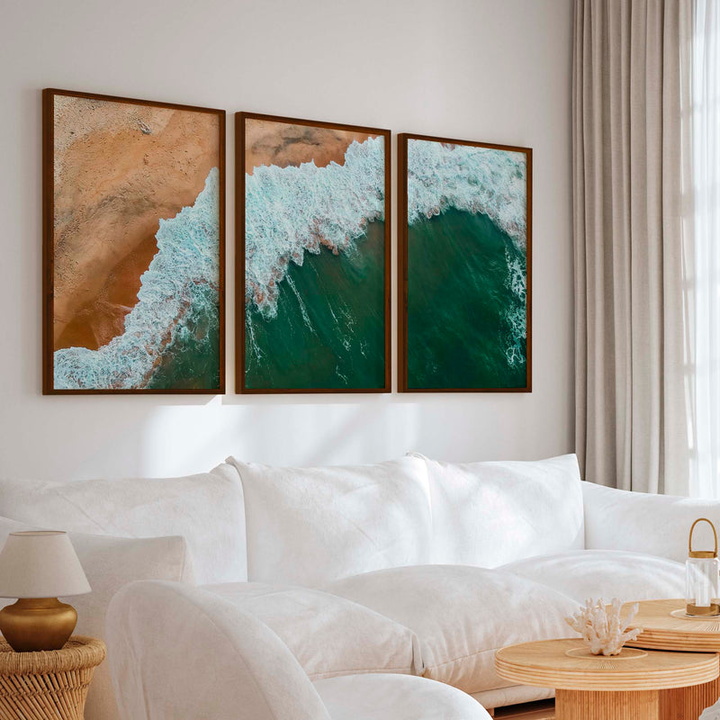 Modern Coastal Art – Aerial Ocean and Beach Triptych - Dark Brown Framed Poster No Border - Artworksets