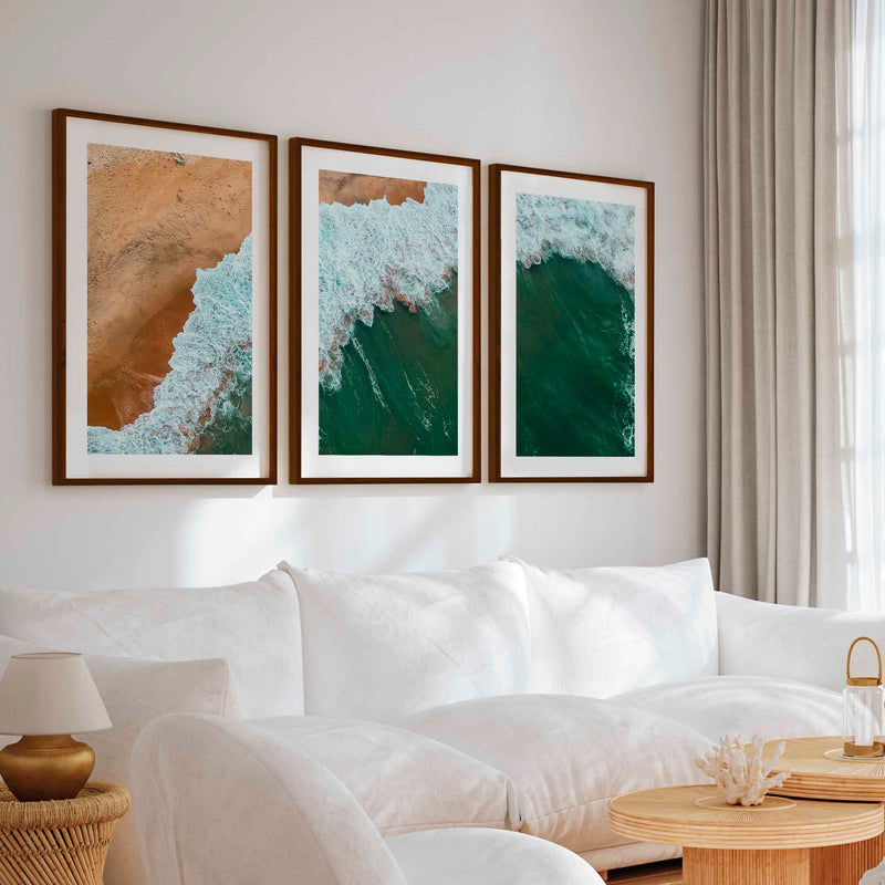 Modern Coastal Art – Aerial Ocean and Beach Triptych - Dark Brown Framed Poster with White Border - Artworksets