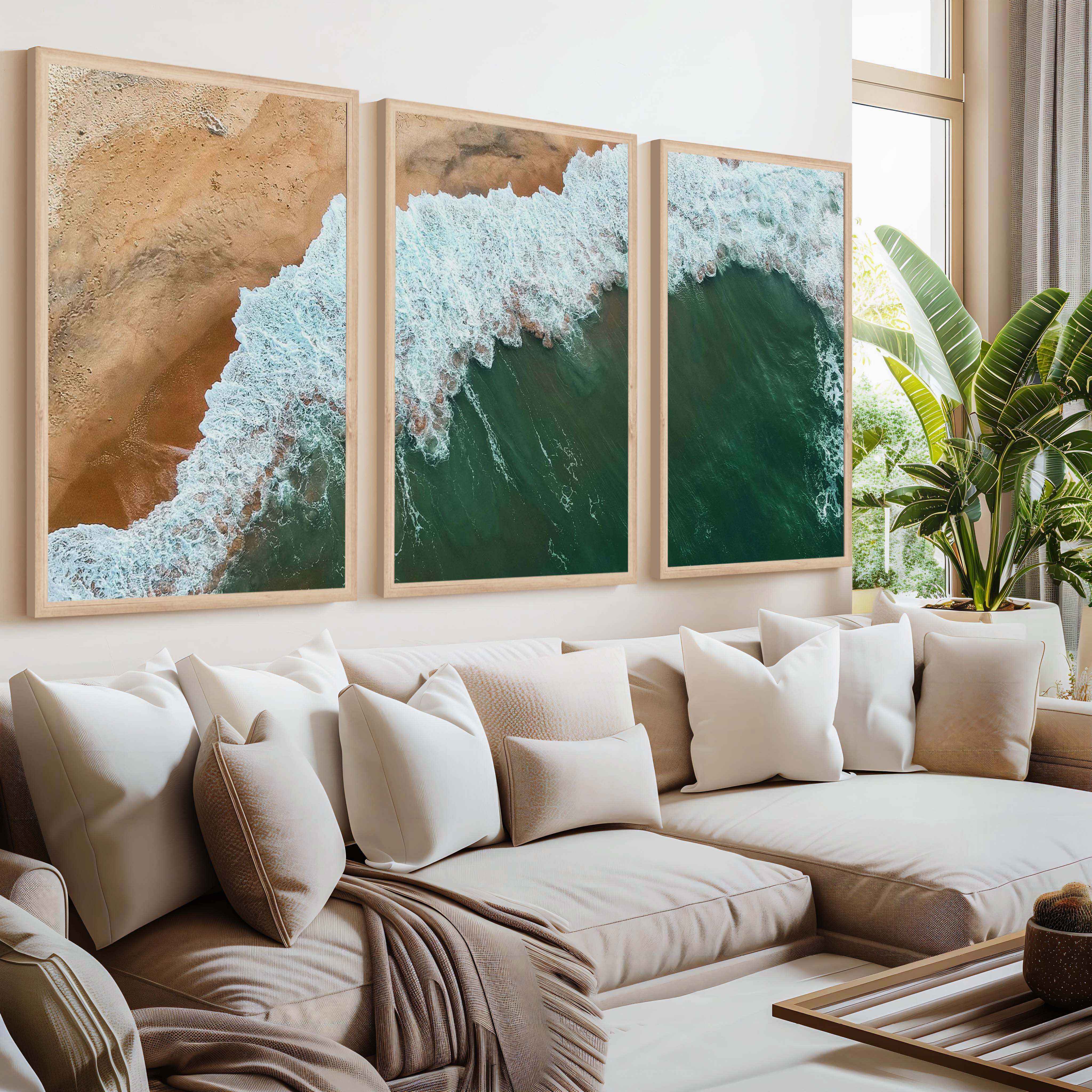 Modern Coastal Art – Aerial Ocean and Beach Triptych - Natural Wood Framed Poster No Border - Artworksets