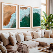 Modern Coastal Art – Aerial Ocean and Beach Triptych- Natural Wood Framed Poster with White Border - Artworksets