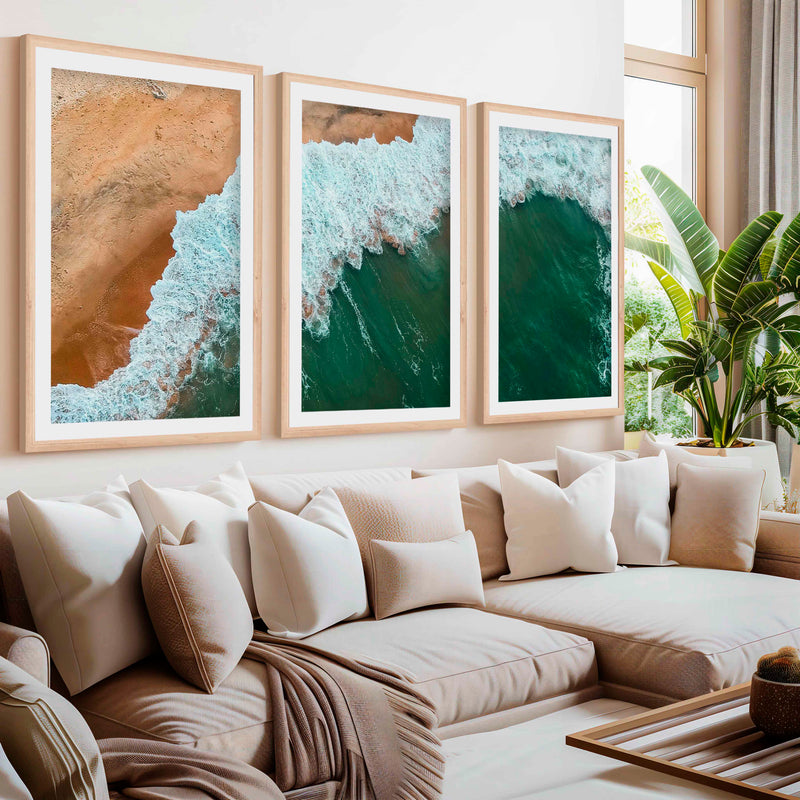 Modern Coastal Art – Aerial Ocean and Beach Triptych- Natural Wood Framed Poster with White Border - Artworksets