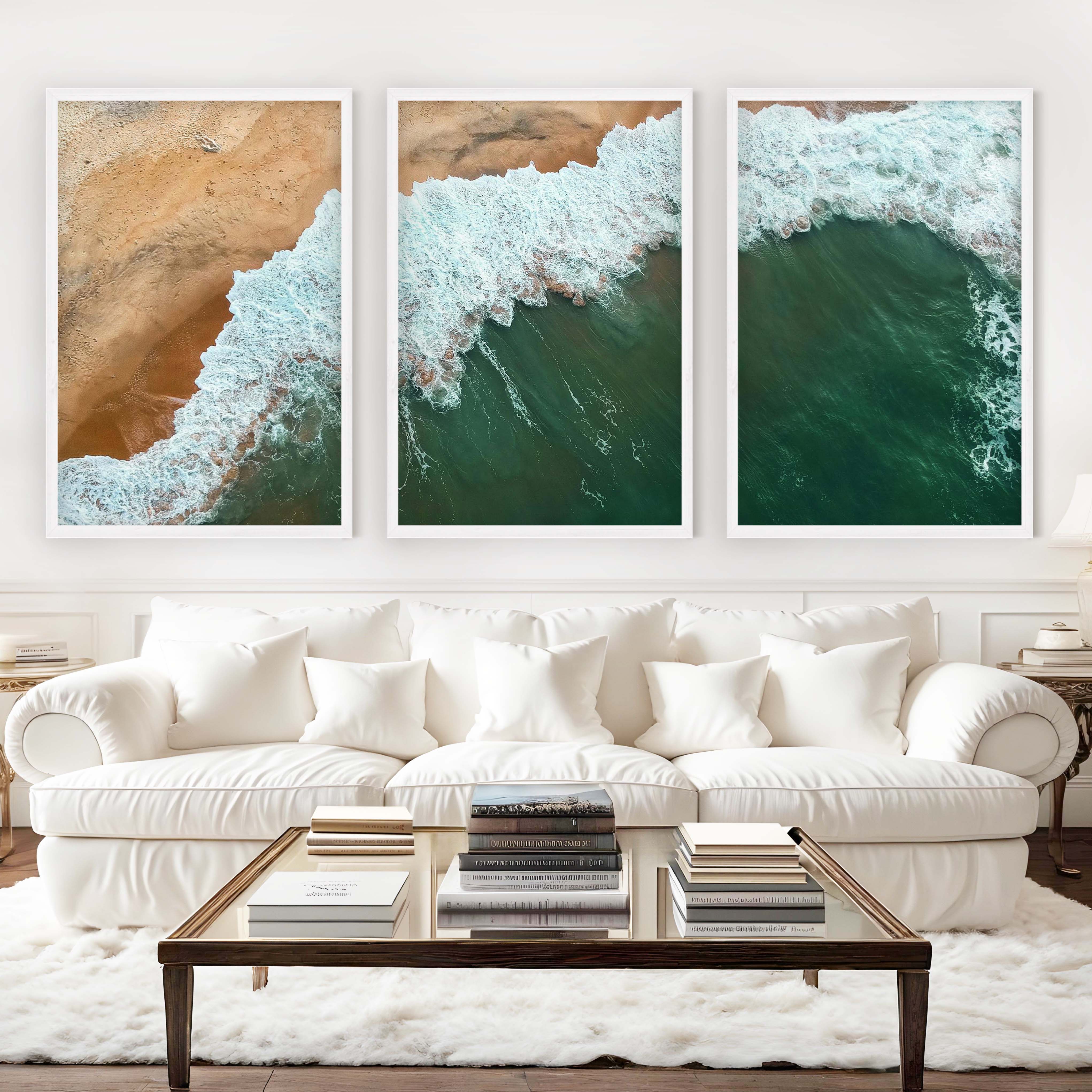 Modern Coastal Art – Aerial Ocean and Beach Triptych - White Framed Poster No Border - Artworksets