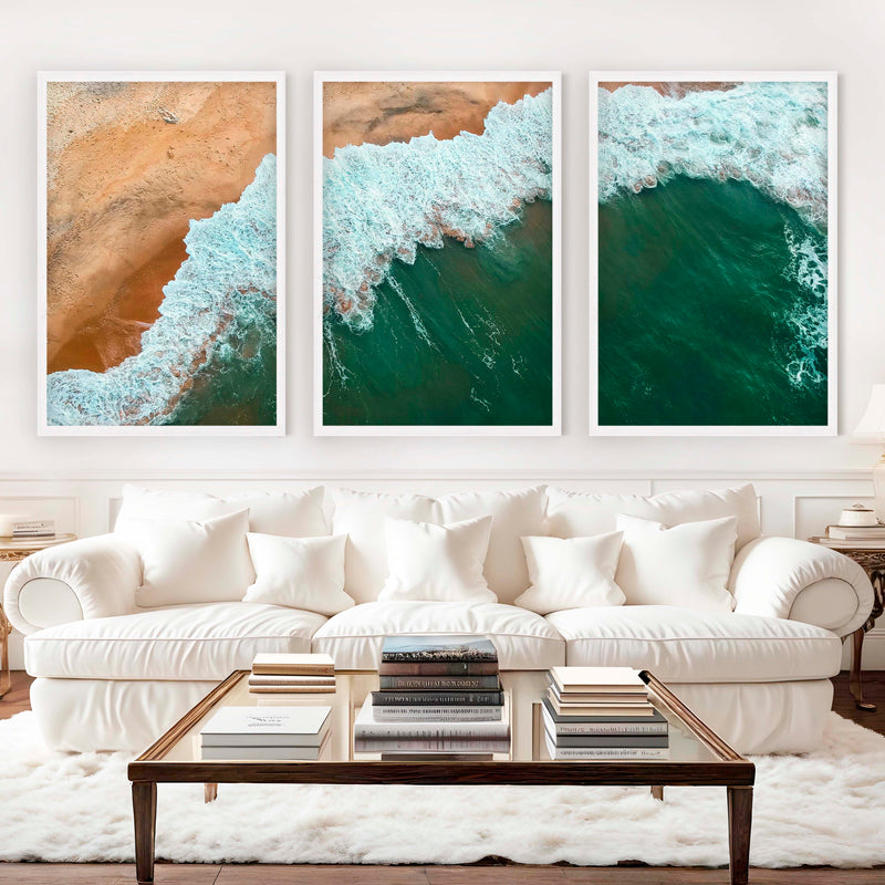Modern Coastal Art – Aerial Ocean and Beach Triptych - White Framed Poster No Border - Artworksets