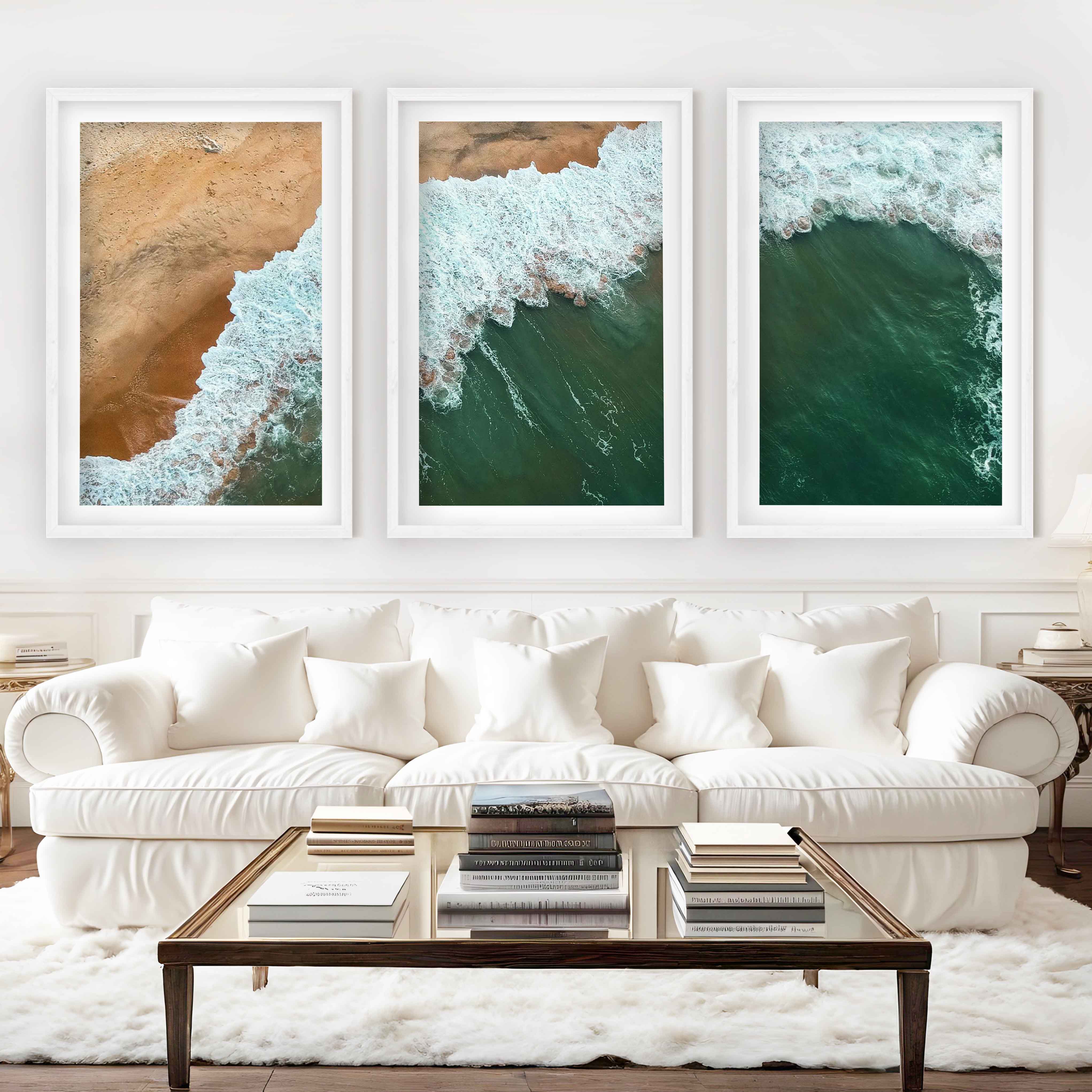 Modern Coastal Art – Aerial Ocean and Beach Triptych - White Framed Poster with White Border - Artworksets