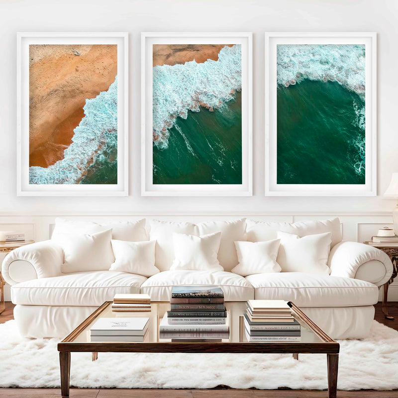 Modern Coastal Art – Aerial Ocean and Beach Triptych - White Framed Poster with White Border - Artworksets