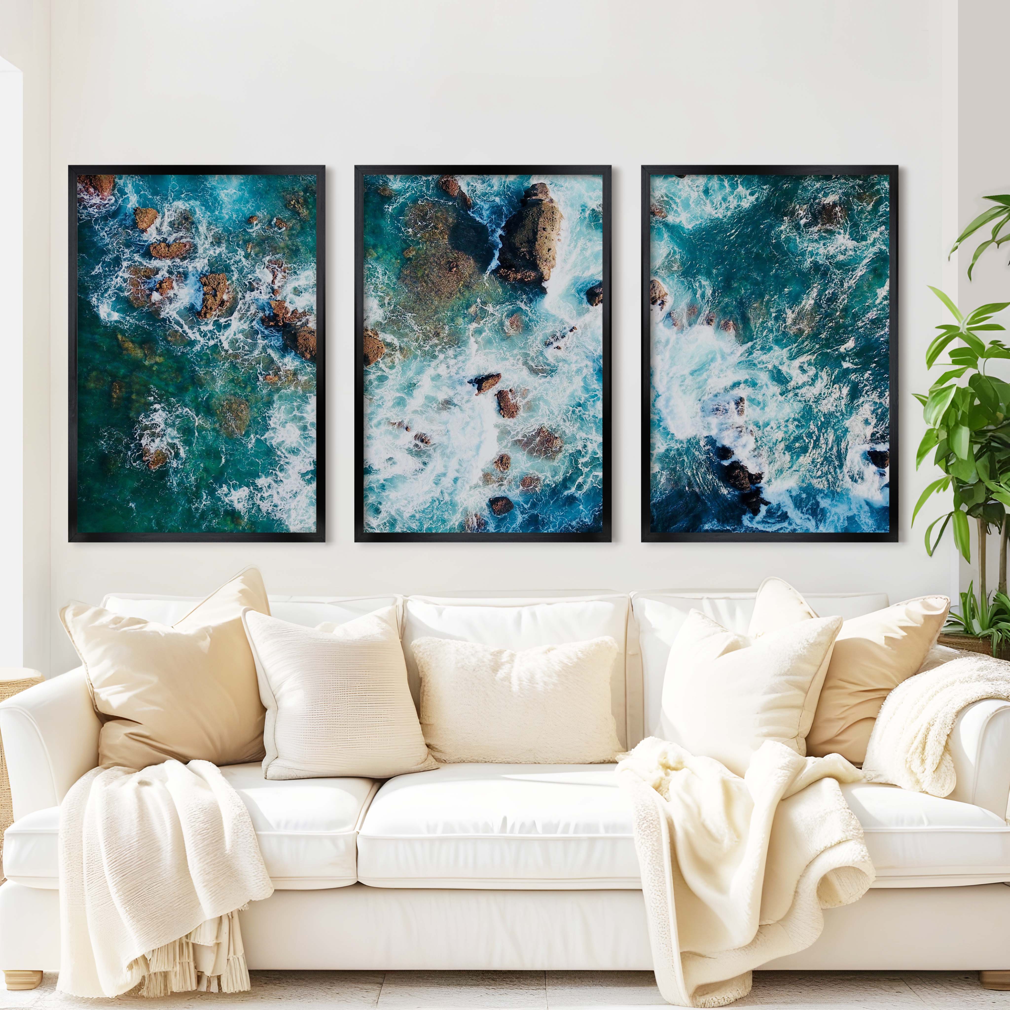 Modern Coastal Artwork – Abstract Ocean Rocks Triptych (3 Prints) - Black Framed Poster No Border - Artworksets