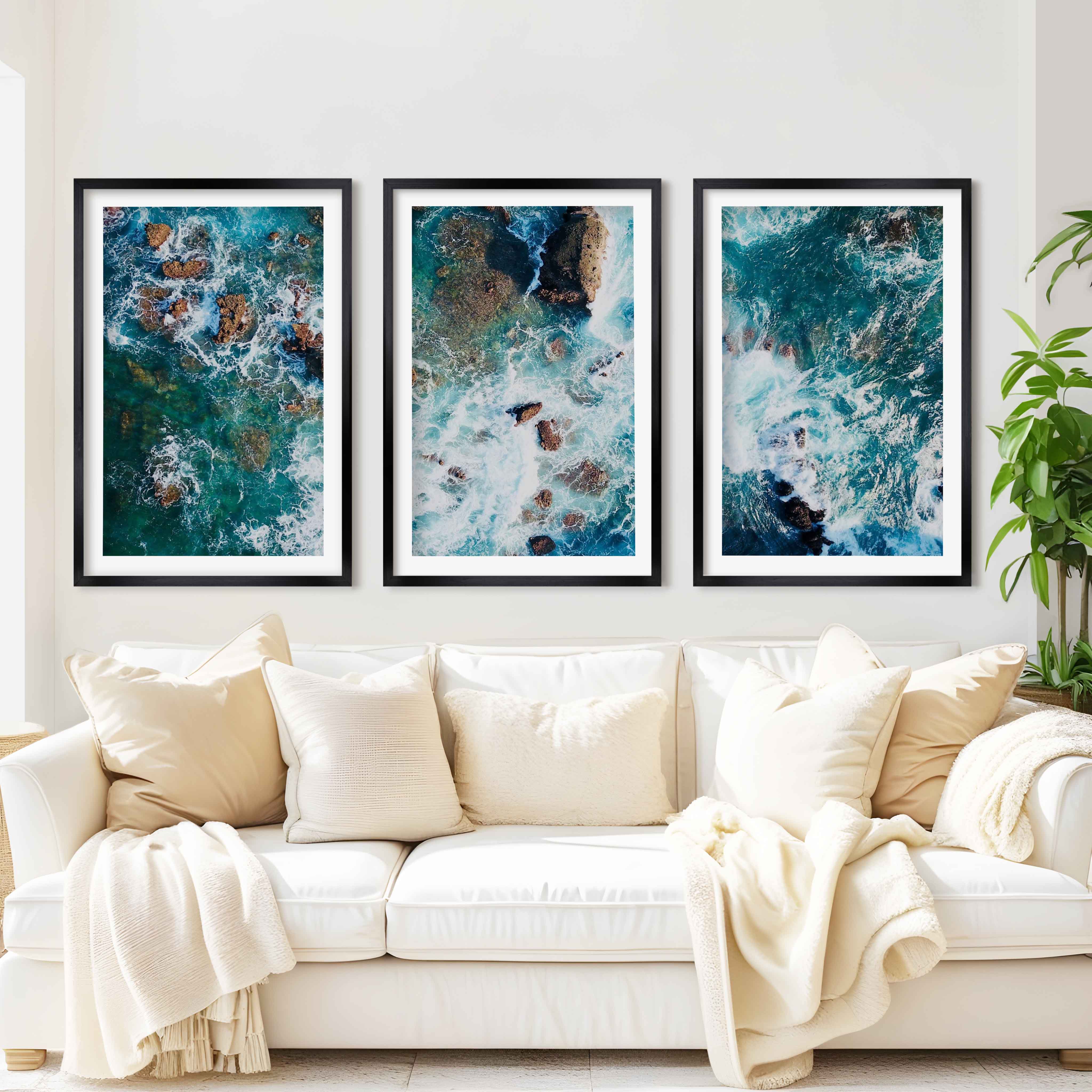 Modern Coastal Artwork – Abstract Ocean Rocks Triptych (3 Prints) - Black Framed Poster with White Border - Artworksets