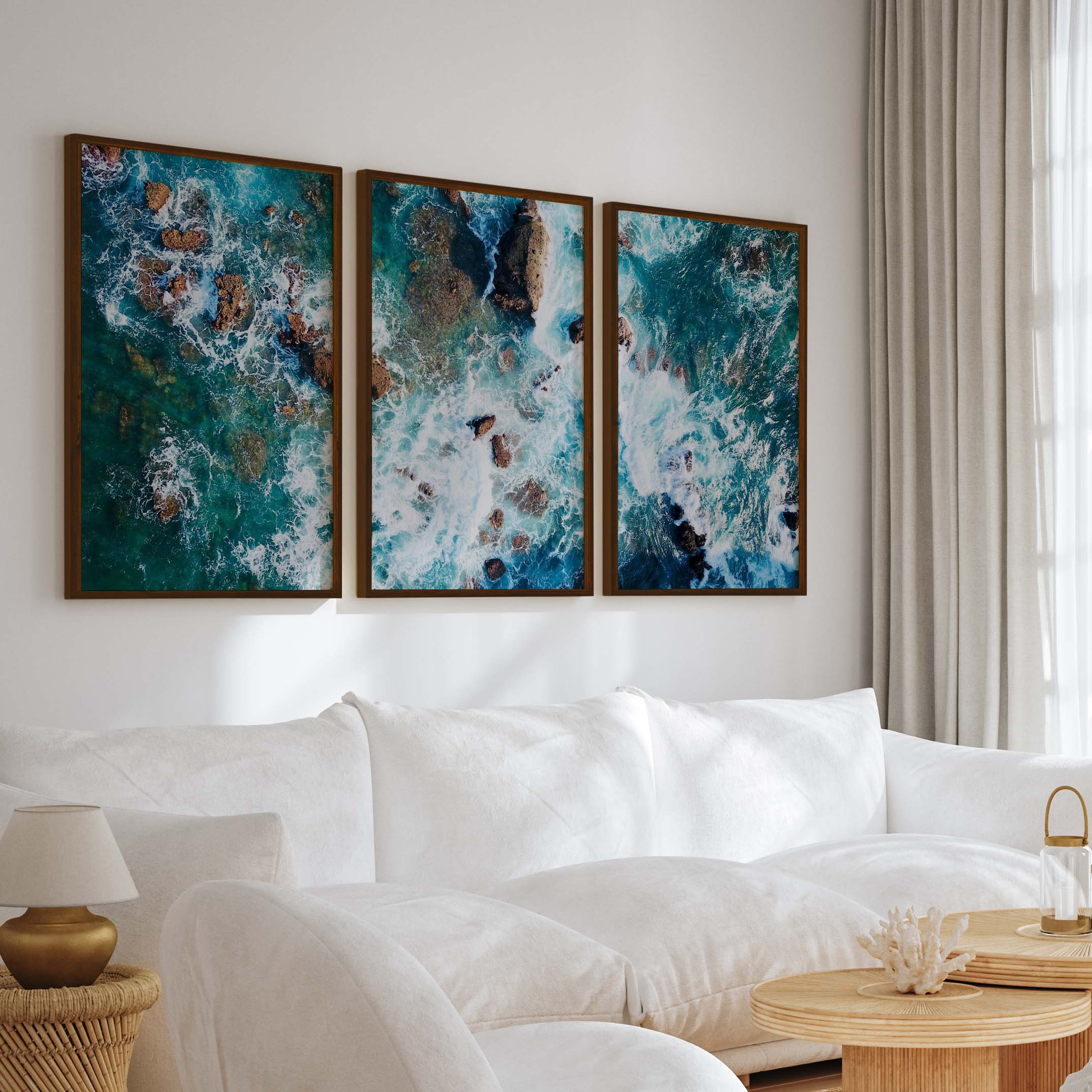 Modern Coastal Artwork – Abstract Ocean Rocks Triptych (3 Prints) - Dark Brown Framed Poster No Border - Artworksets