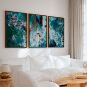 Modern Coastal Artwork – Abstract Ocean Rocks Triptych (3 Prints) - Dark Brown Framed Poster No Border - Artworksets