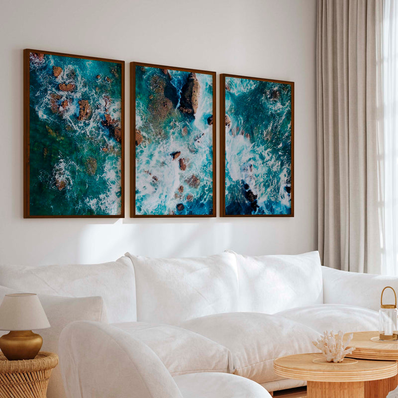 Modern Coastal Artwork – Abstract Ocean Rocks Triptych (3 Prints) - Dark Brown Framed Poster No Border - Artworksets
