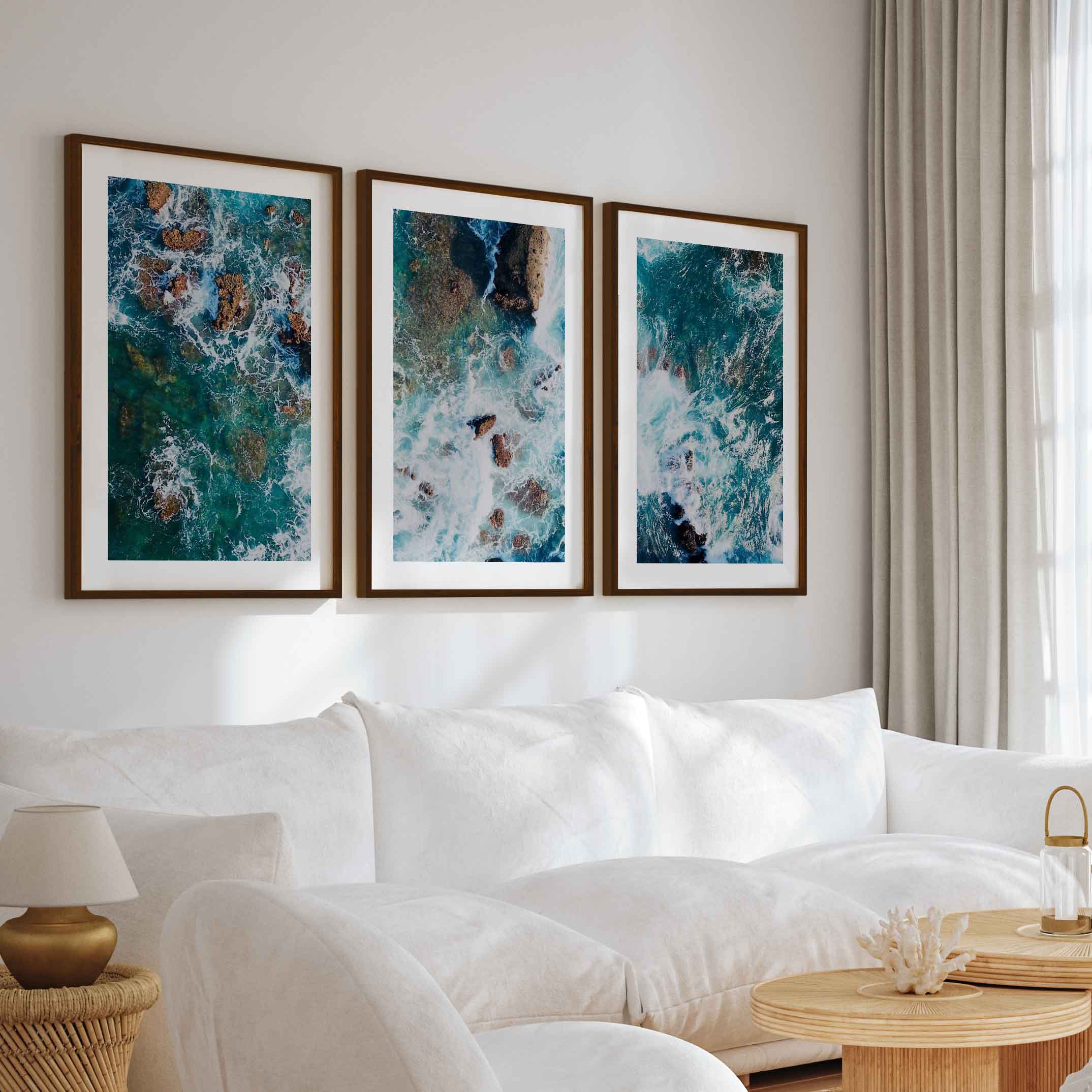 Modern Coastal Artwork – Abstract Ocean Rocks Triptych (3 Prints) - Dark Brown Framed Poster with White Border - Artworksets