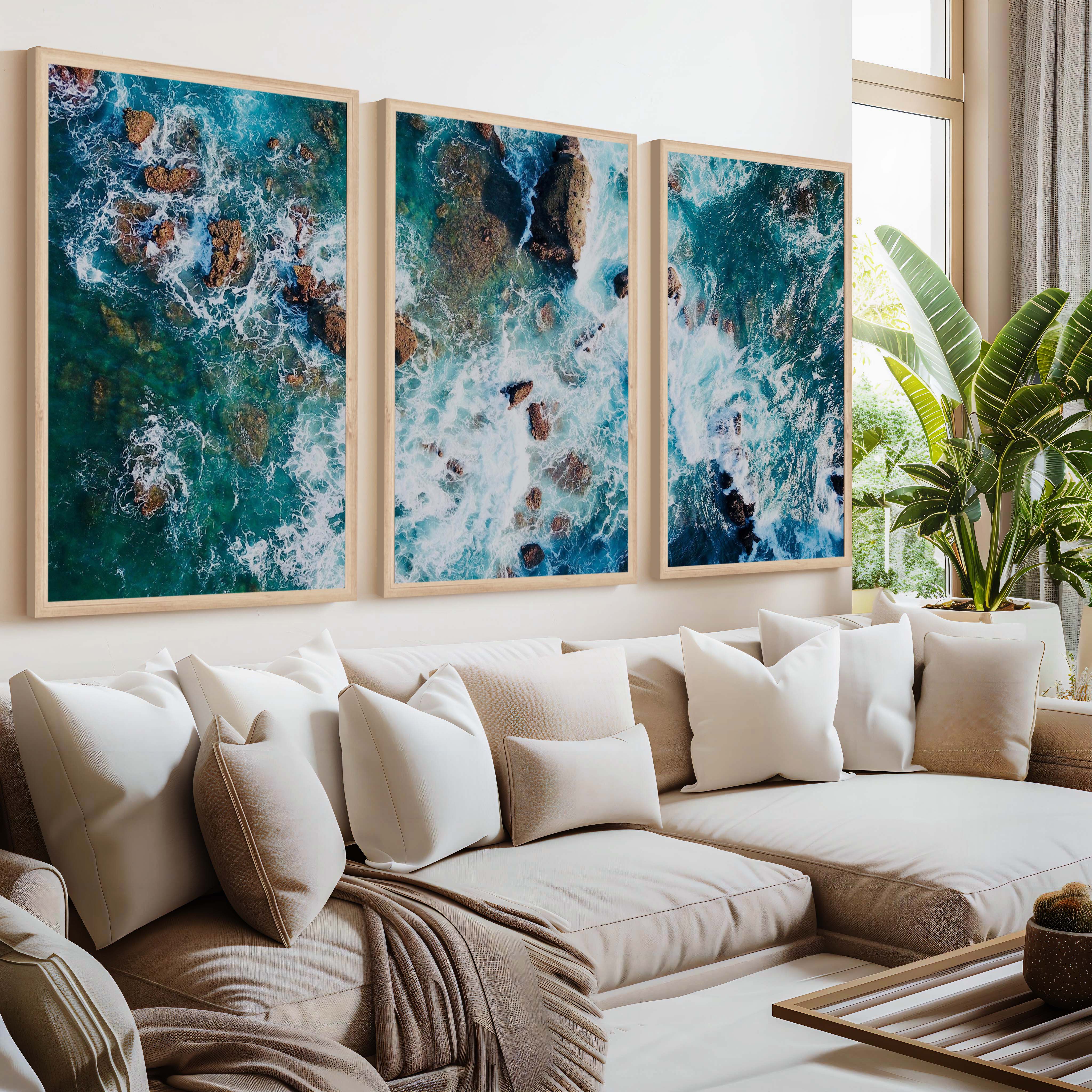 Modern Coastal Artwork – Abstract Ocean Rocks Triptych (3 Prints) - Natural Wood Framed Poster No Border - Artworksets