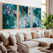 Modern Coastal Artwork – Abstract Ocean Rocks Triptych (3 Prints) - Natural Wood Framed Poster No Border - Artworksets